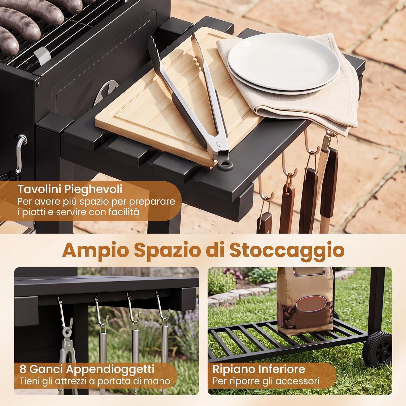 COSTWAY Barbecue a Carbone, Barbecue Portatile Affumicatore con Ruote | Griglia Regolabile in Altezza e Tavolini Laterali,Carrello BBQ da Esterno con Copertura e Termometro per Giardino e Campeggio