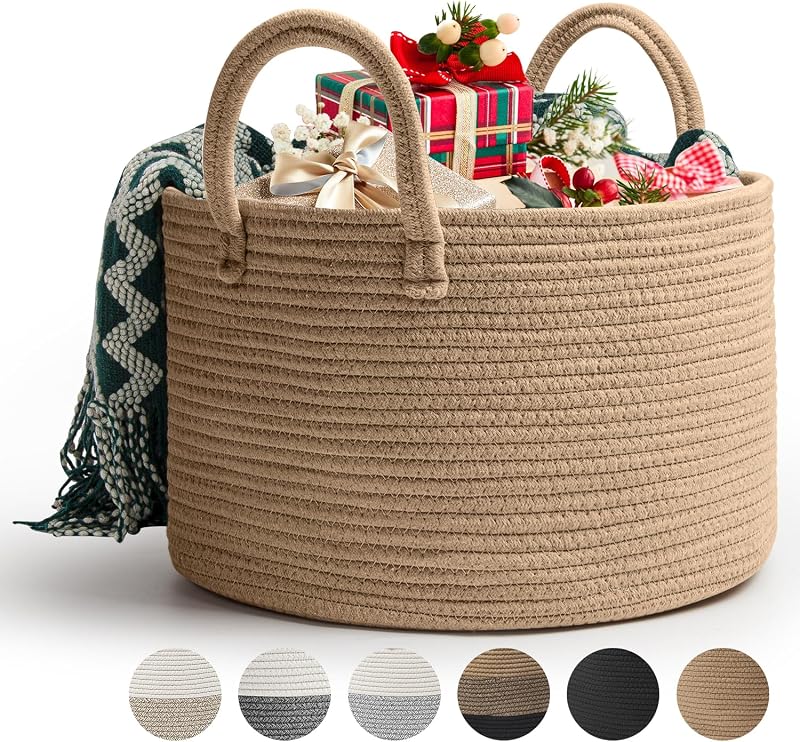 Corbeille à Linge en Coton Tissé D40 x H25 CM Panier de Rangement en Corde de Coton 32L Pliage Grande Capacité Corbeilles à Linge Avec Anse Convient à la Décoration Intérieure(Jute)