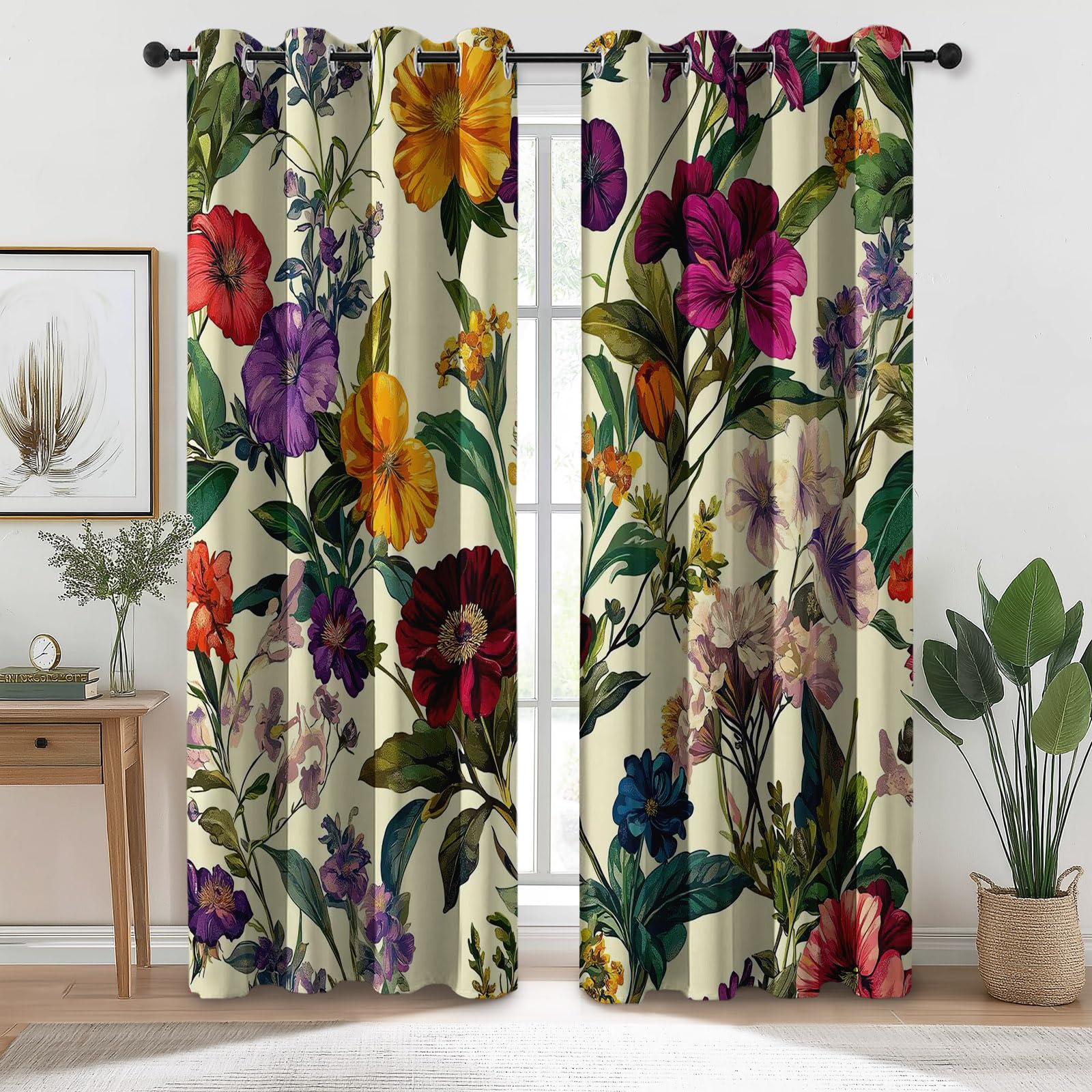 Blickdicht Vorhang mit Elegante Pflanzen Und Blumen Muster Vorhang mit Ösen Thermovorhang für Mädchenzimmer Wohnzimmer Schlafzimmer Fenstervorhänge Bunt für Zuhause H183 x B117 cm (2er Pack)