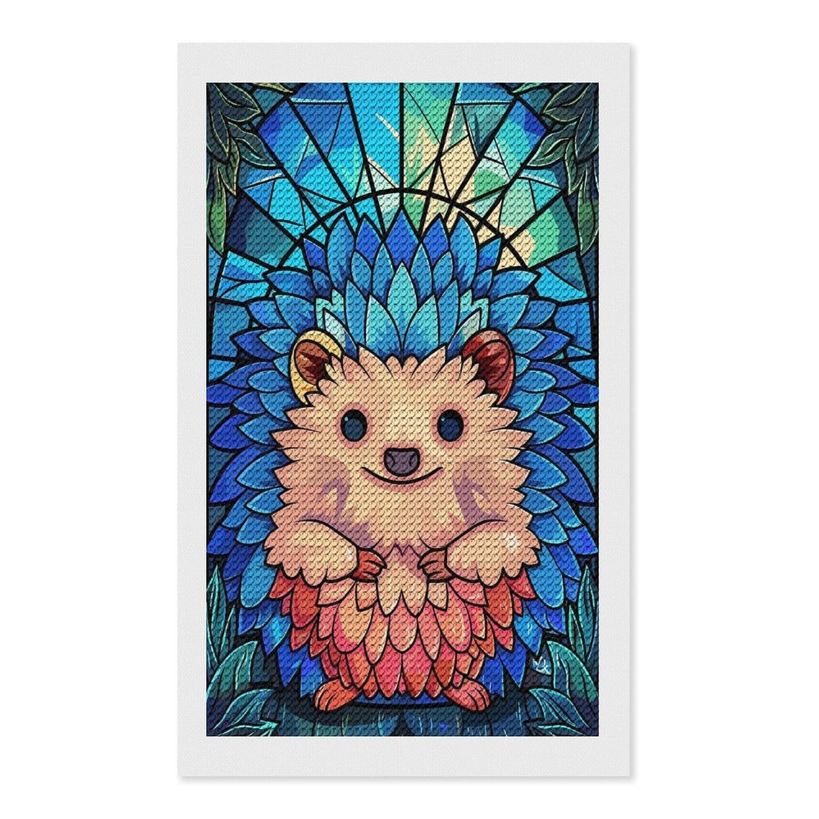 Junmoney Cute Hedgehog Stained Glass Art Diamond Art Canvas 12"x20", Decorate Your Room, Mindful Craft Activity, Cosy Home Accent, Thoughtful Handmade Gift