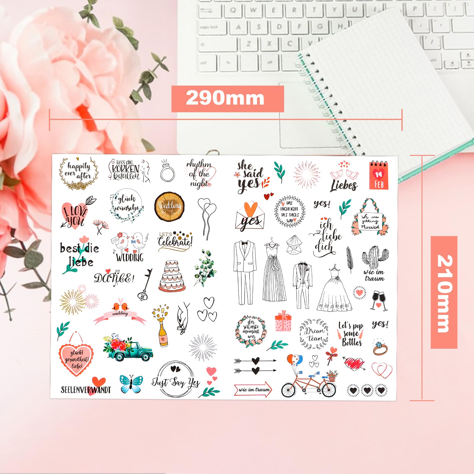 Hochzeits Sticker Set - 266 Aufkleber Deutsch/Englisch Für Gästebuch & Fotoalbum