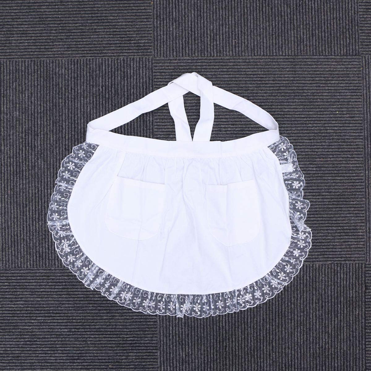 LAMOTIE White Lace Waist Apron with Two Pockets Half Apron Victorian Maid Waitress Costume for Women