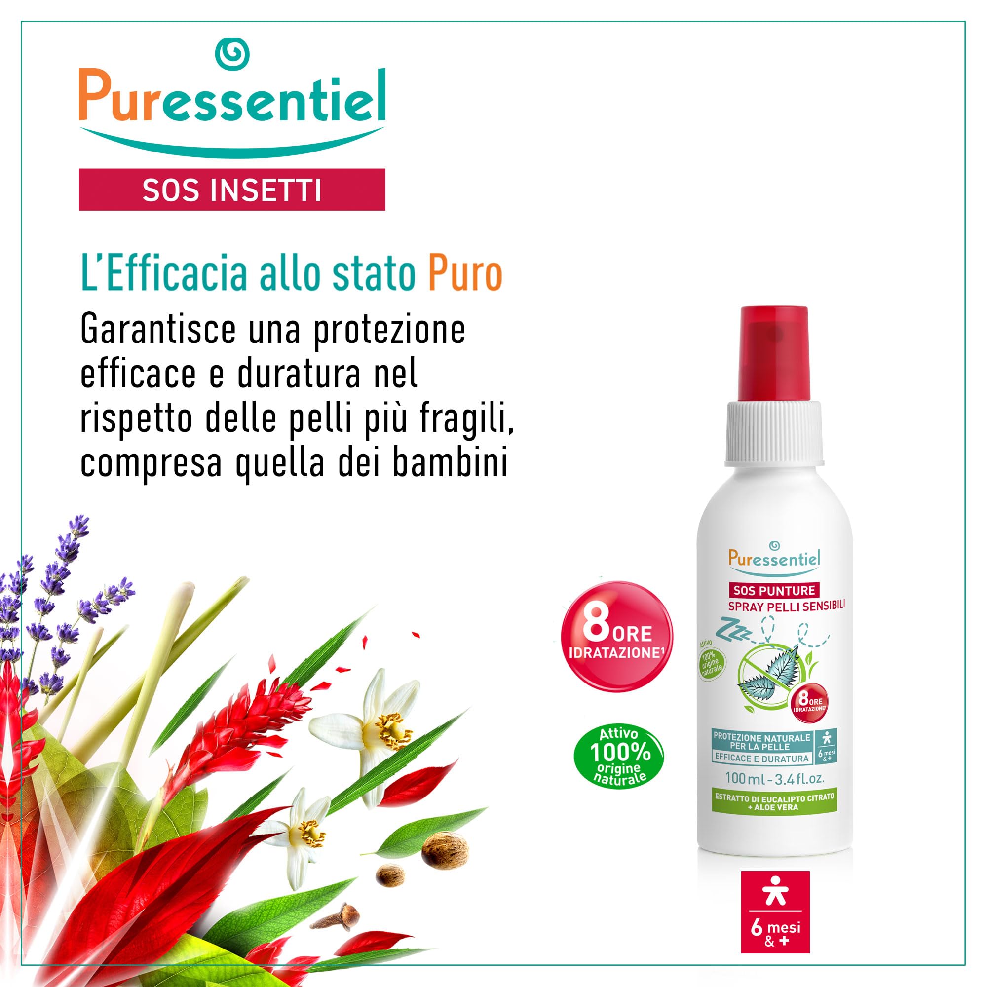 Puressentiel – SOS punture – Spray Pelli Sensibili – Protezione efficace e duratura – Attivo 100% origine naturale – Non unge e non appiccica – Fino a 8 ore di idratazione – Dai 6 mesi – 100 ml
