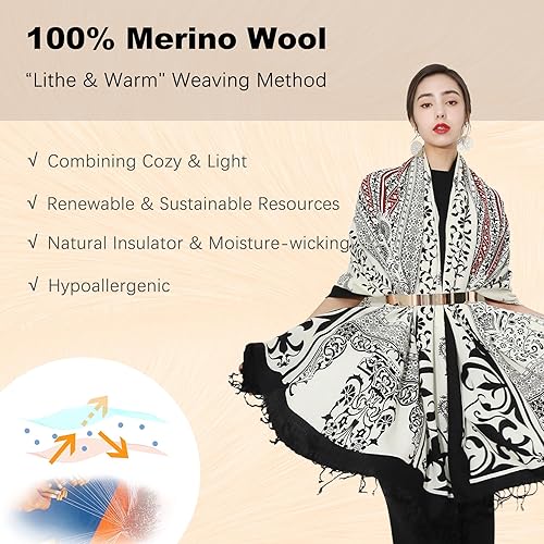 Miniatura 33 de DANA XU Manta de pashmina extragrande 100% de lana merina, bufanda de viaje, bufanda de cachemira para mujer, otoño e invierno, chal de gran