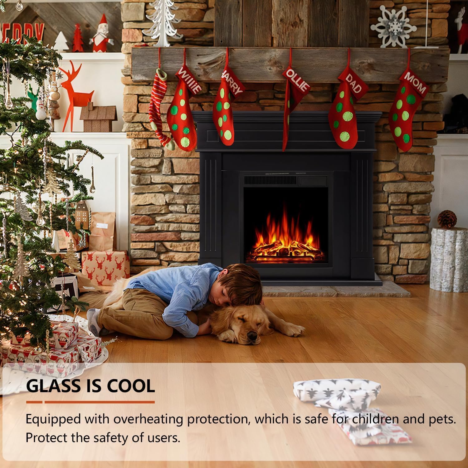 R.W.FLAME 43” Electric Fireplace Mantel Wooden Surround Firebox, TV Stand with Freestanding Electric Fireplace, Black