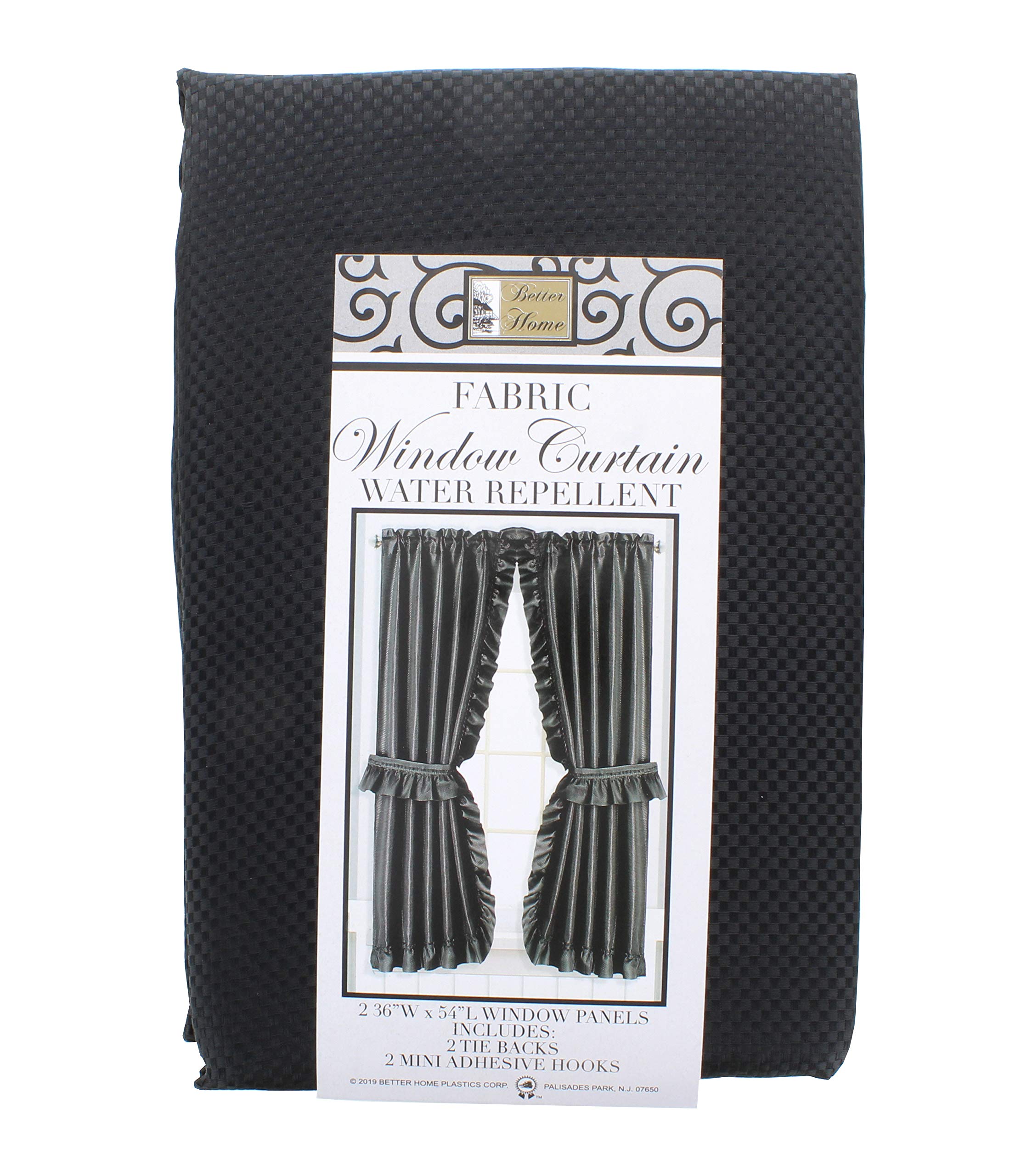 Better Home Ruffled Priscilla Fabric Window Curtain Set - 2 TIE Backs - Adhesive Hooks (Black)