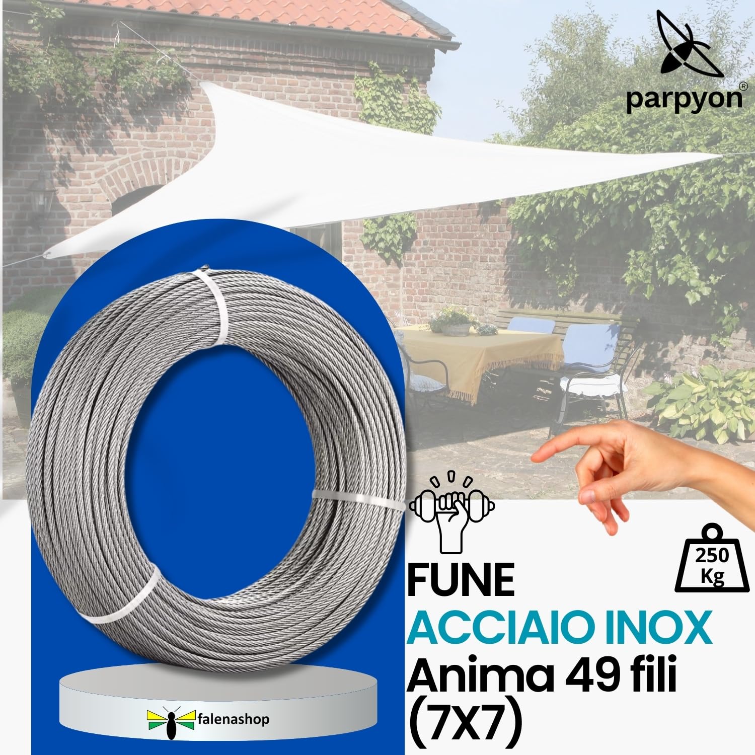 Parpyon Fune Acciaio INOX Per Esterno A 49 Fili cavo acciaio AISI 316 Antiruggine filo metallico per sospensioni, luci, recinzione lavori di fai da te giardino (25, 3 mm)
