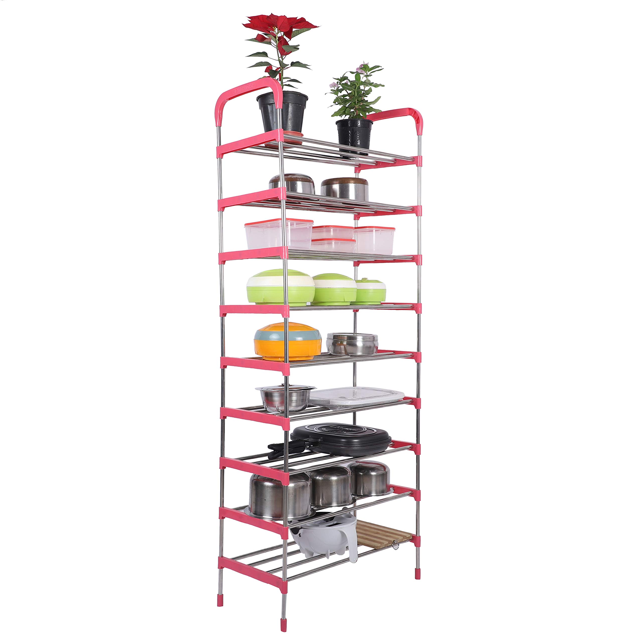 Three Secondz Kitchen Utensils Rack | Dish Rack | Utensils Stand | Kitchen Storage Rack | Kitchen Organizer (9 Rows, Pink)