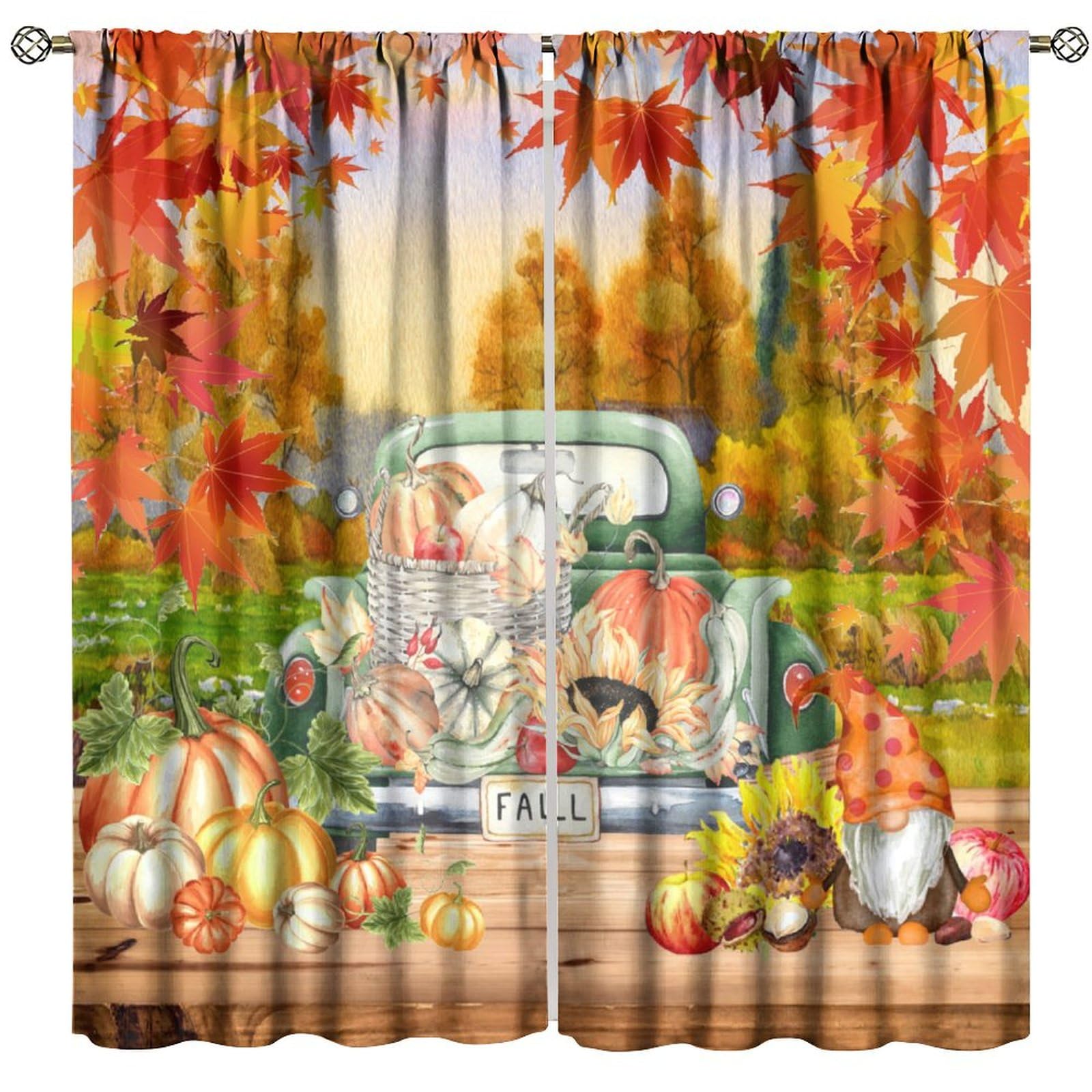 BenYaSong Fall Blackout Window Curtain Autumn Pumpkins Maple Flower Sunflowers Thanksgiving Harvest Farmhouse for Home Kitchen Livingroom Coffee Room Window Curtain 2Panel 52" W X 96" L