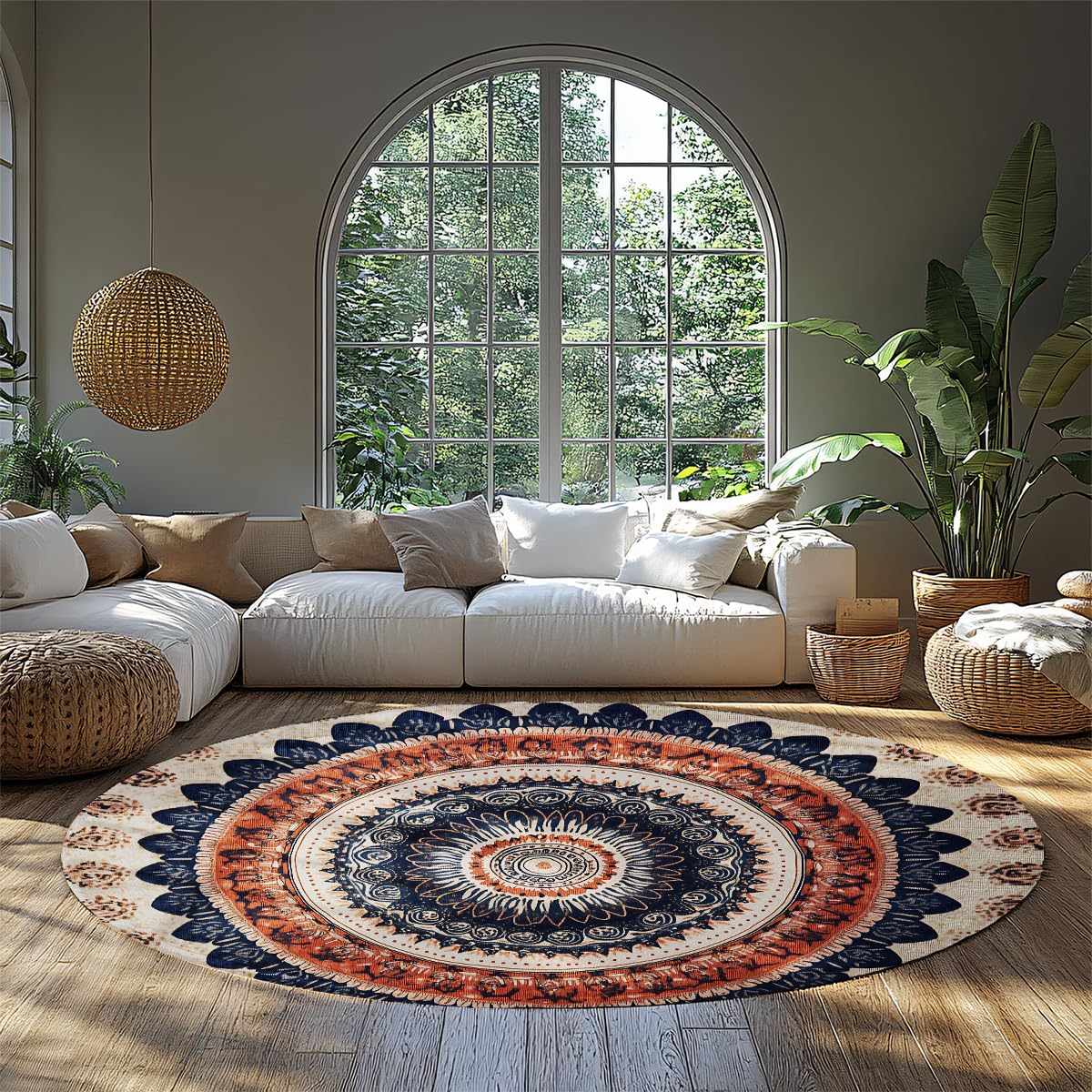 Bunter Boho-Rundteppich 120cm Weiche kleine Fußmatte Niederflor