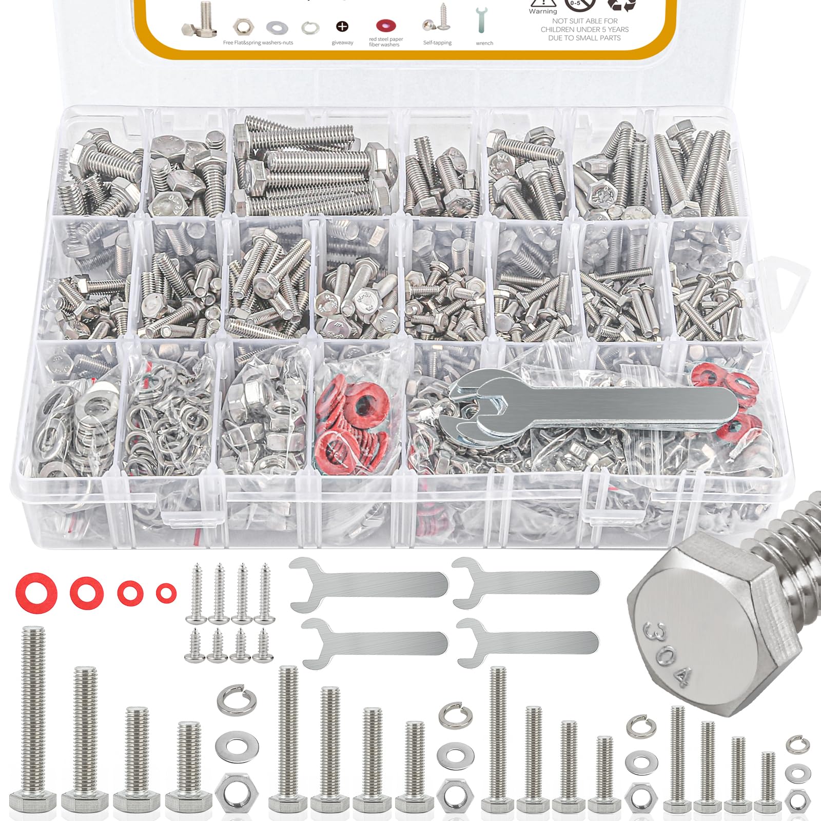 Swpeet 150-Piece M5 Metric 304 Stainless Steel Hardware Kit – Hex Nuts, Flat Washers, And Split Lock Washers, Coarse Thread, With Storage Box For Home, Auto, And Shop Use