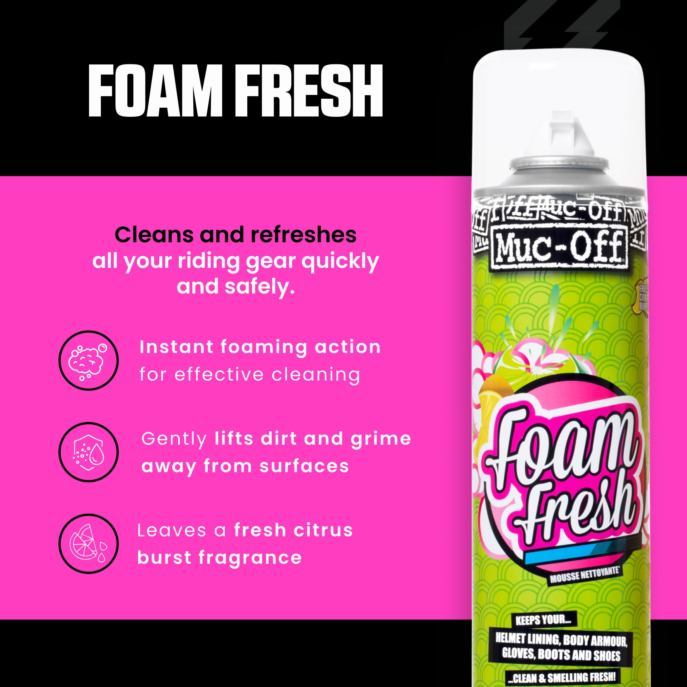 Muc-Off Espuma Fresh, 400 Ml - Limpiador de Espuma con Intenso Aroma Cítrico - Para Uso en Revestimientos y Acolchados de Cascos, Guantes, Botas y Cascos de Moto