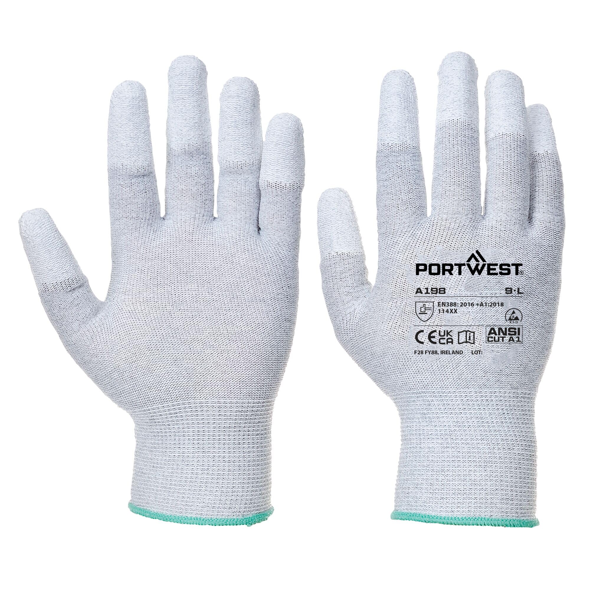 Portwest AB198 ESD PU Fingertip Anti Static Gloves (12 Pack), Grey, XS