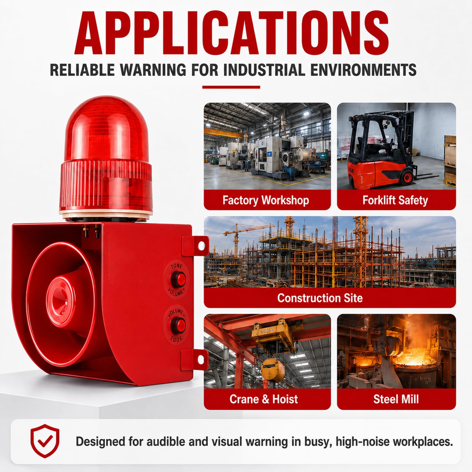 Sirena Industrial Con Alarma Exterior, 120dB Con Bocina De Aluminio DC24V | Cuentas LED Antivibración, Cubierta De Lámpara PS, Carcasa De Acero, 9 Tonos, Reemplazo De Voz USB, Montaje En Pared
