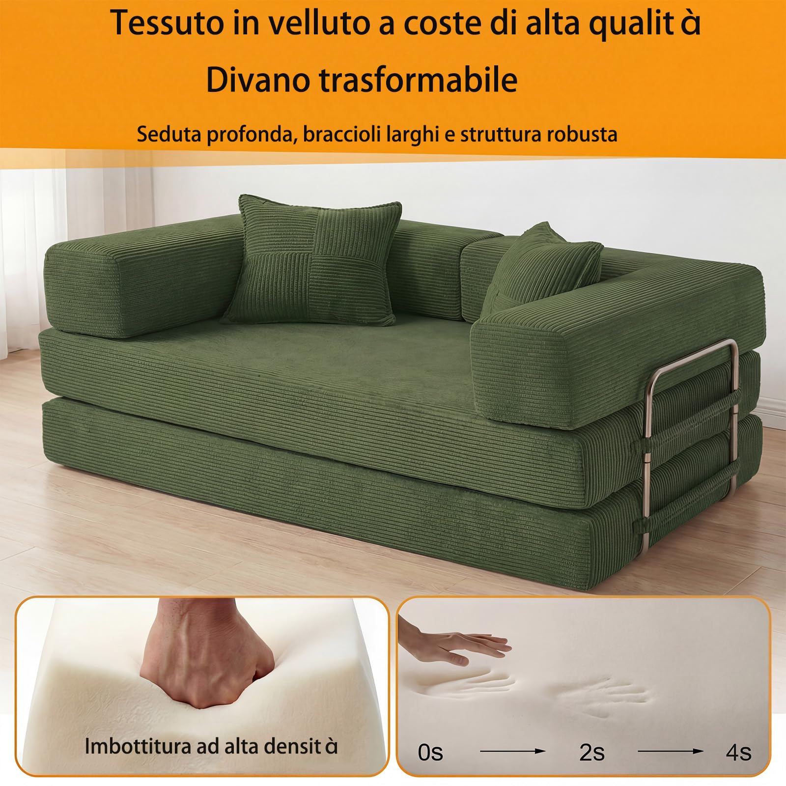 Vipbear Divano disossato, divano a 3 posti in velluto a coste 200 cm, letto pieghevole 5 in 1 convertibile con 2 cuscini in memory foam per camera da letto, verde | Cabrio