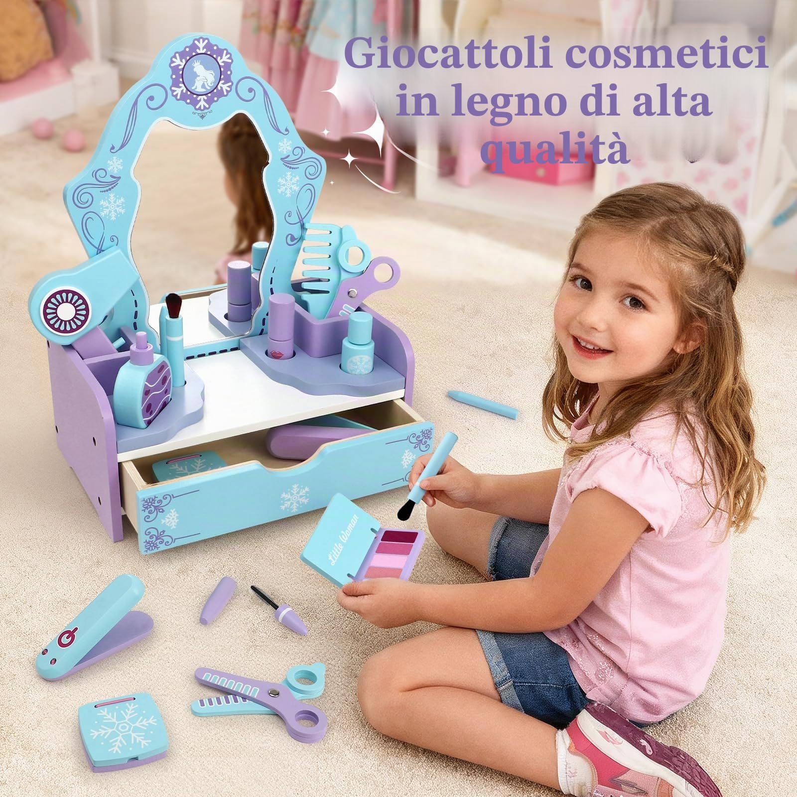 Atoylink Frozen Postazione Trucco Bambina in Legno, Toeletta Trucco Bambina con Specchiera Set Trucchi Bambina & Set Parrucchiera Bambina, Frozen Giochi Giocattoli Regalo per Bambino 3 4 5 6 Anni