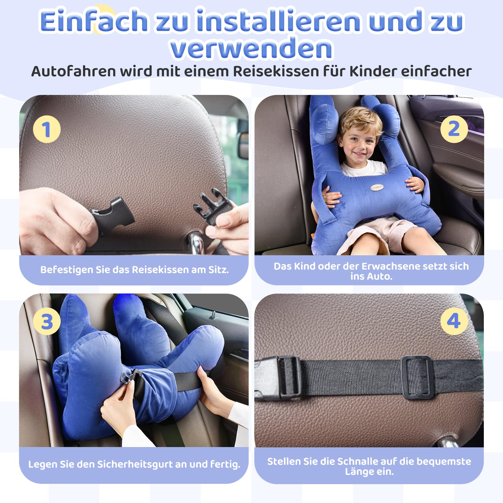 FLORICH Kinder Reisekissen, Schlafkissen Auto Kinder, Abnehmbares H förmiges Kissen Atmungsaktiv für Jungen und Mädchen und Erwachsene für Auto Urlaub (Blau)