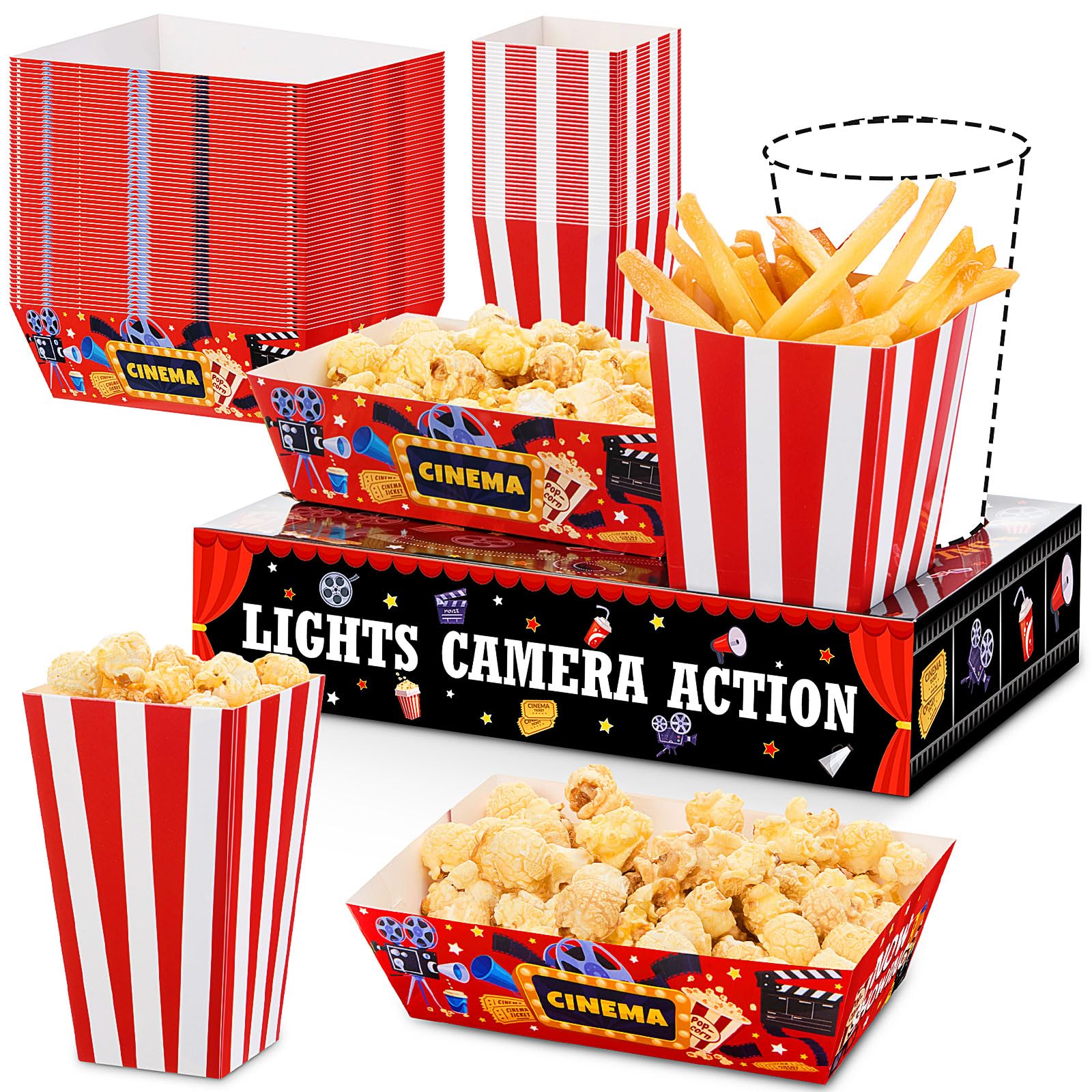 Cubos de cartón a rayas rojas y blancas y bandejas de aperitivos rígidas para noches de películas