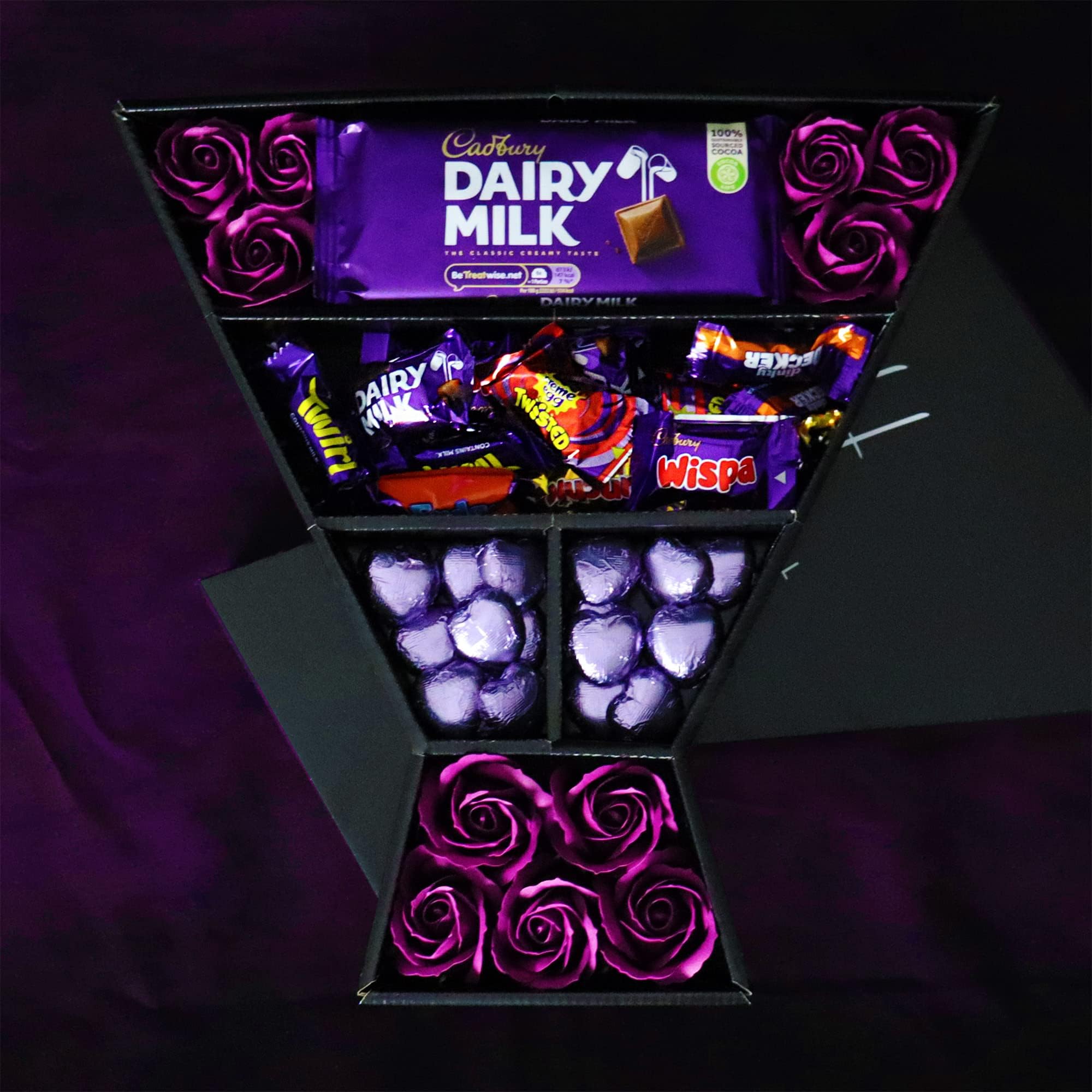 The HamperWell Signature Chocolate Bouquet With Purple Roses, Chocolate Foiled Hearts, Dairy Milk & More in a luxury Presentation Hamper Box