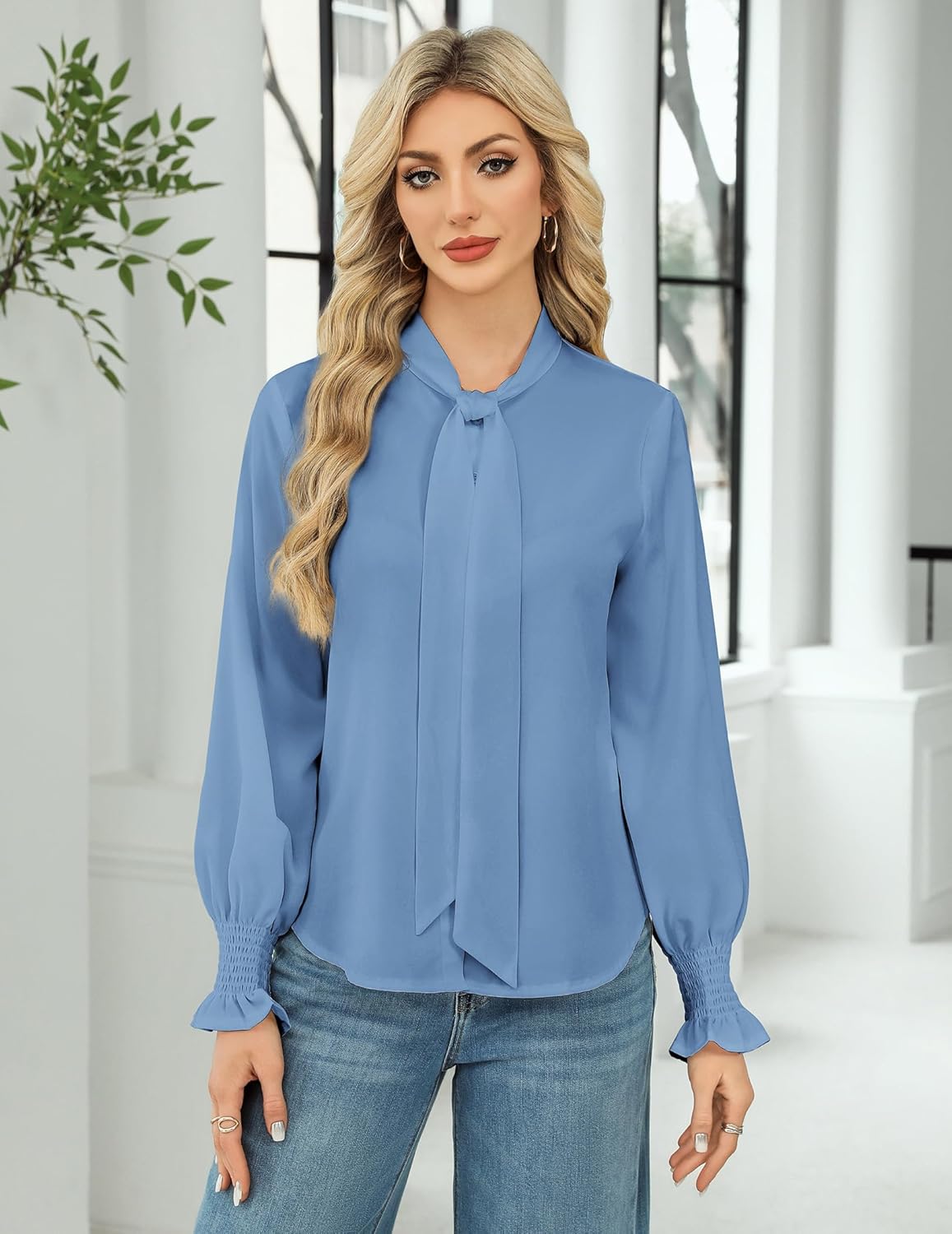 Neweek Chiffon Blouses for Women Bow Tie Neck Long Sleeve Dressy Casual Smocked Cuffed Shirts Office Work Blouse Elegant Tops - Image 3