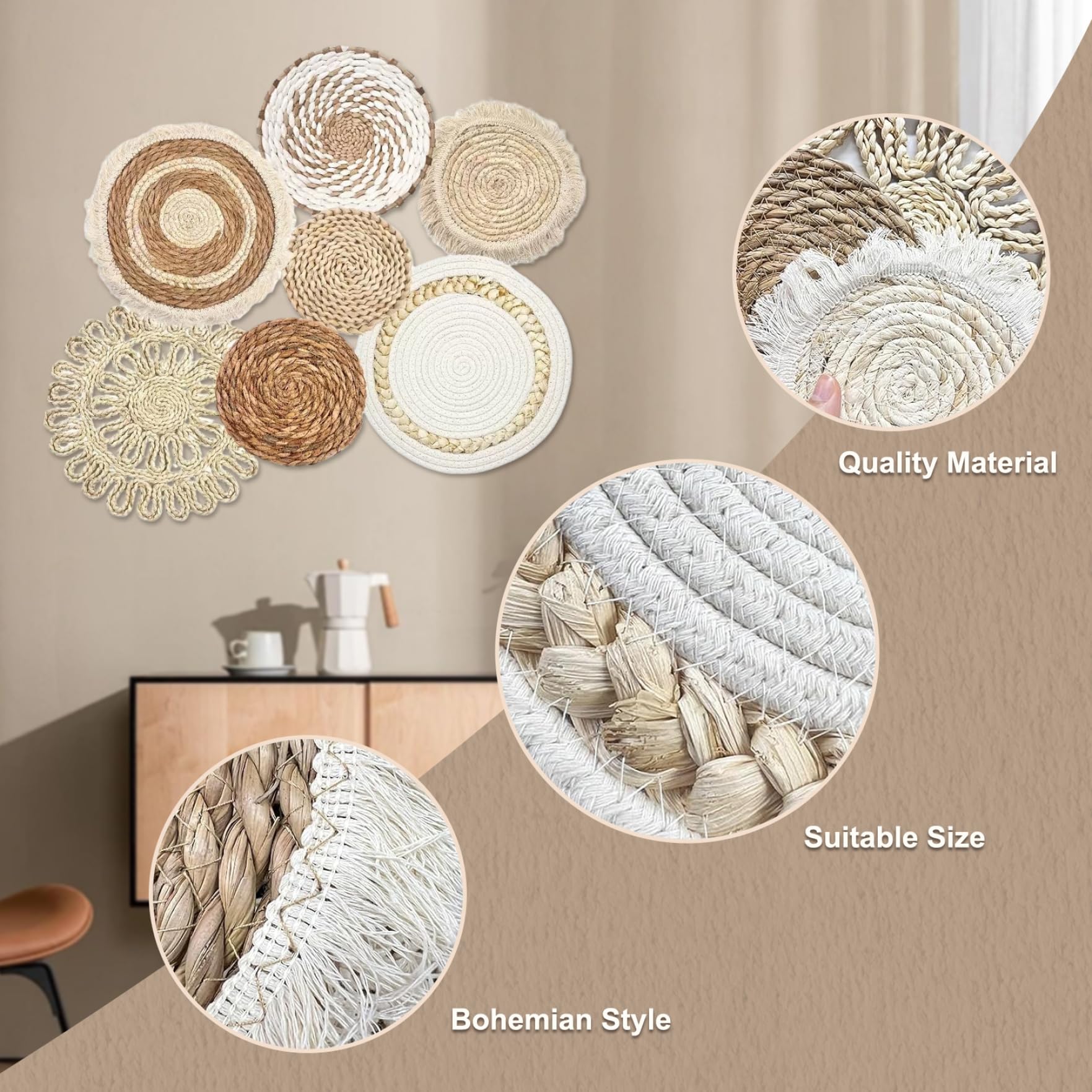 Hintyne Boho-Wandkörbe 7-teilig/Set Verschiedene Größen und Stile Boho-Wandkorb-Dekor Stroh gewebt und rund dekorative Kunst für Wohnzimmer Schlafzimmer Bauernhaus Kinderzimmer