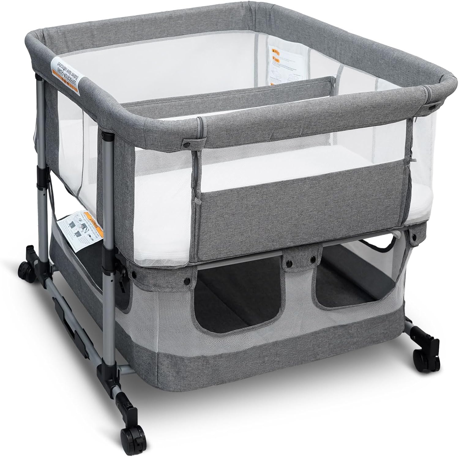Twin Bassinet for 2 Babies, Double Bassinet for Twins, Rocking Bassinet with Wheels and Storage Basket, Full-Mesh Sides, 5-Height Adjustable, Portable and Stable Baby Crib (Standard Grey)