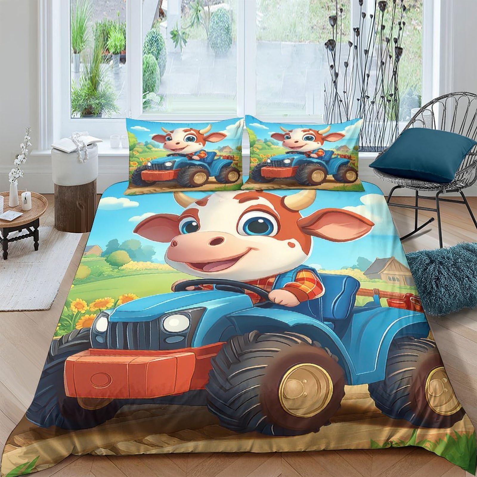 Ctjqhvkz Style-9 3D Printed Cartoon Cow Fitted Sheet Microfiber Soft Blue Tractor Bed Cover Anti-Slip Machine Washable For Bedroom Dorm Room Decor Single（135X200cm）