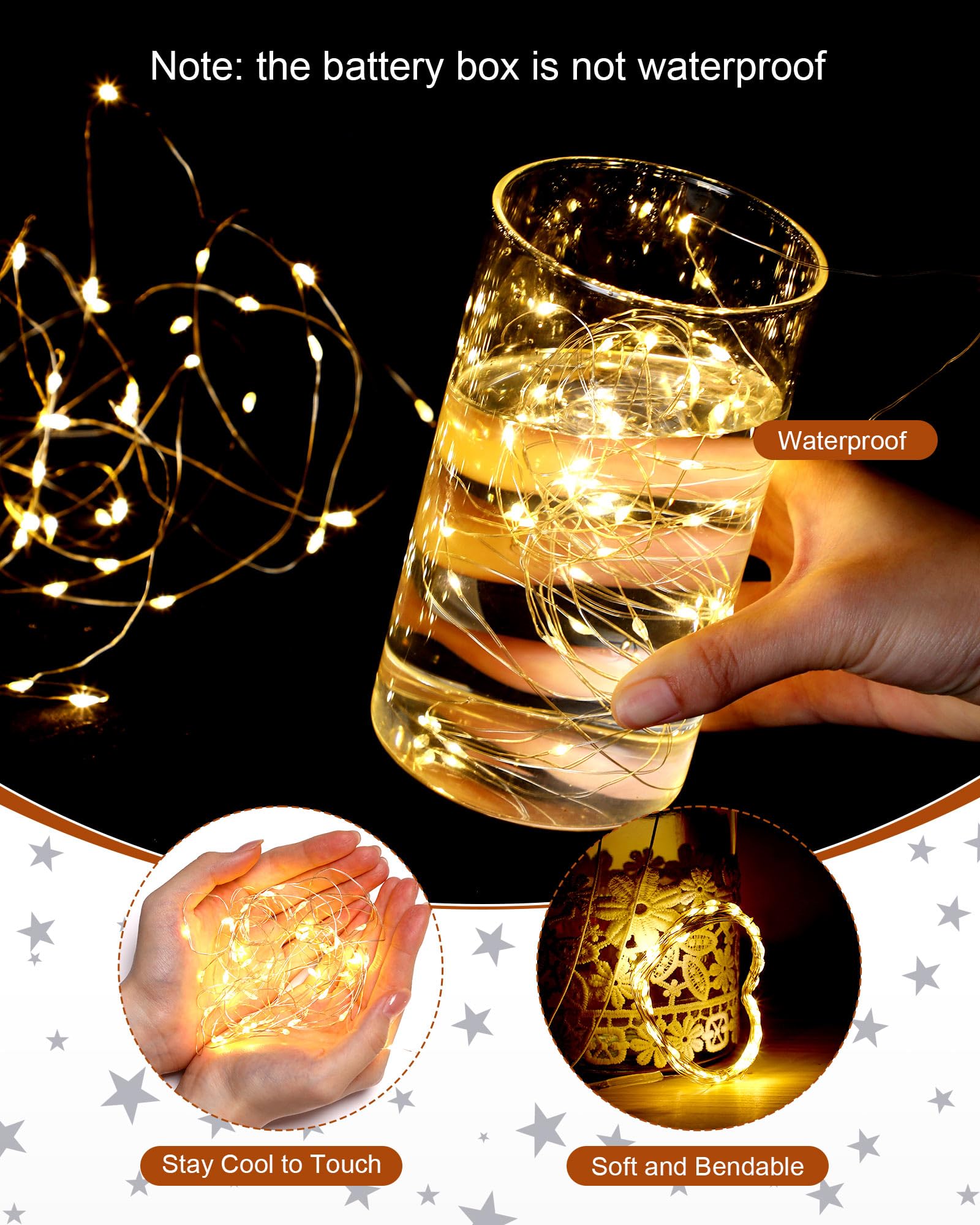 Riakrum Lot de 50 guirlandes lumineuses à 50 LED de 5 m, fonctionnant à piles, étanches, petites guirlandes lumineuses à DEL scintillantes pour pot étoilé pour bricolage, fête d'anniversaire, cadeaux