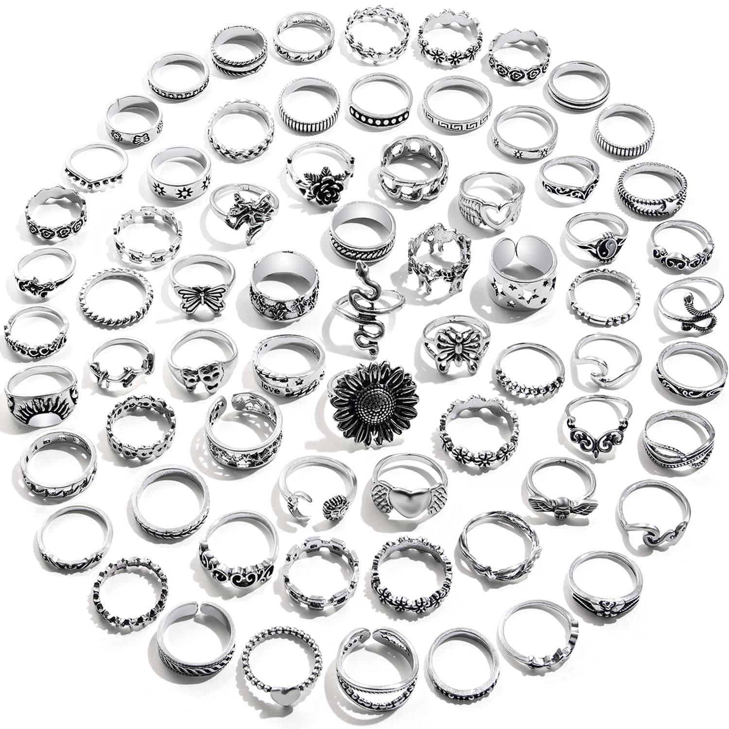63 Pcs Vintage Silver Knuckle Rings Set for Women Men 17IF Retro Bohomian Stackable Finger Rings Adjustable Joint Gothic Flower Snake Stacking Y2K Midi Rings Pack