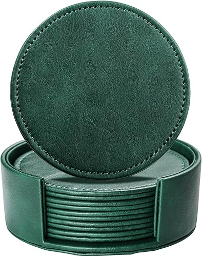 LAMOTI Posavasos de cuero para bebidas, juego de 6 posavasos de 4 pulgadas con soporte para protección de mesa, hechos a mano, lujosa decoración del