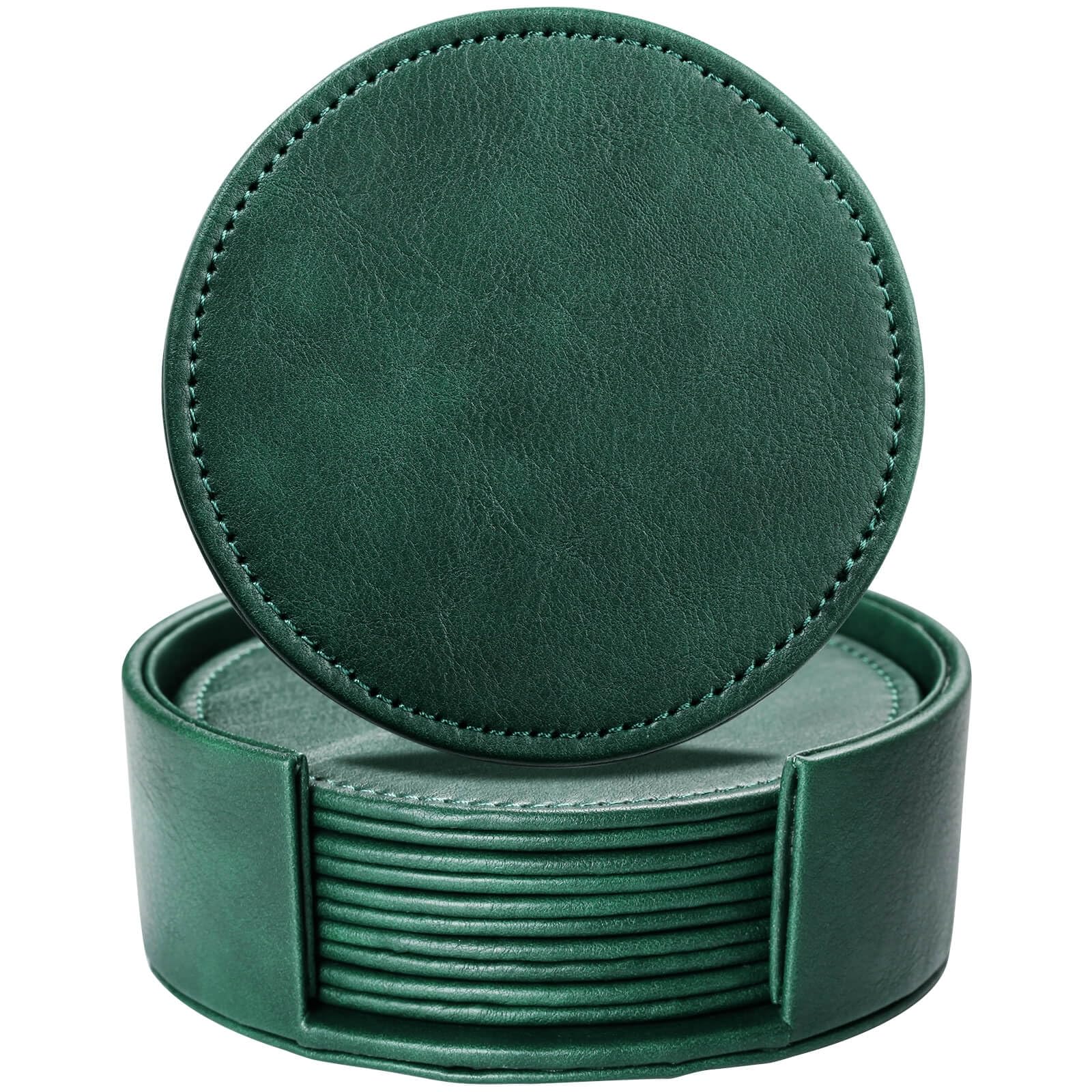 LAMOTI Leather Coasters for Drinks, 4" Drink Coasters Set of 6 with Holder for Tabletop Protection, Handmade Luxurious Home Décor and Housewarming Gift (Green)