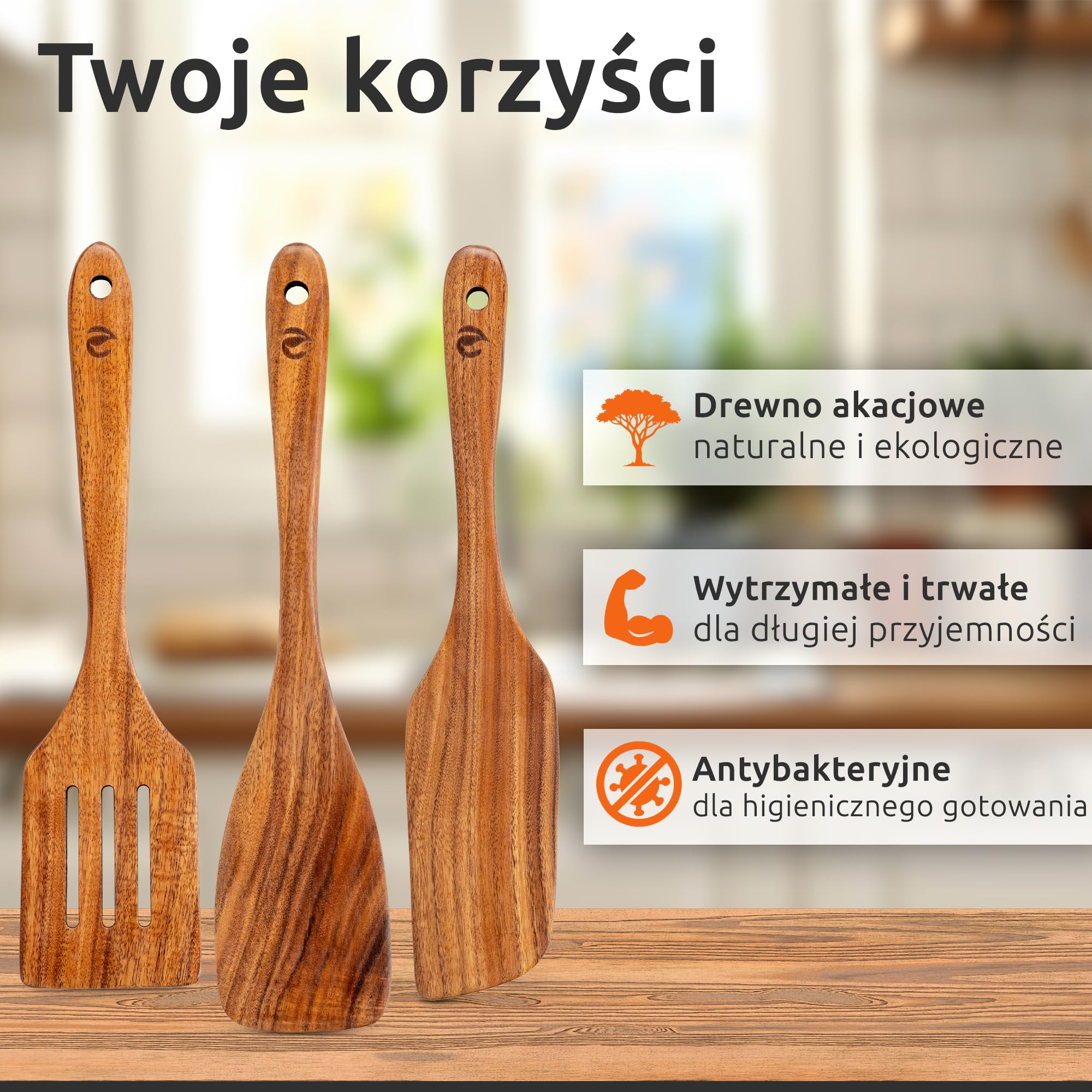 ECENCE Zestaw Łopatek z Drewna Akacjowego - 3-częściowy Zestaw Przyborów Kuchennych - Drewniane Łopatki Odporne na Ciepło - do Patelni Nieprzywierających i Garnków z Powłoką