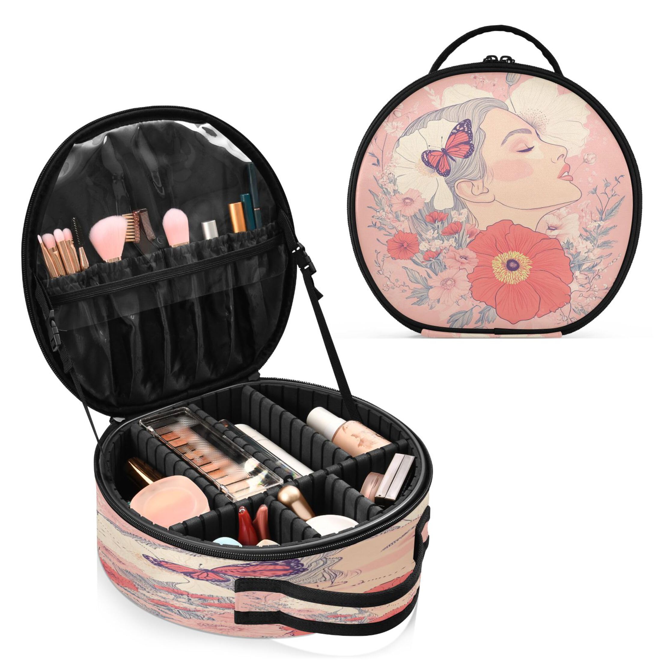 Takiito Beautiful Woman Flowers Travel Makeup Case Portable Makeup Box Artist Cosmetic Case Organizer With Adjustable Dividers