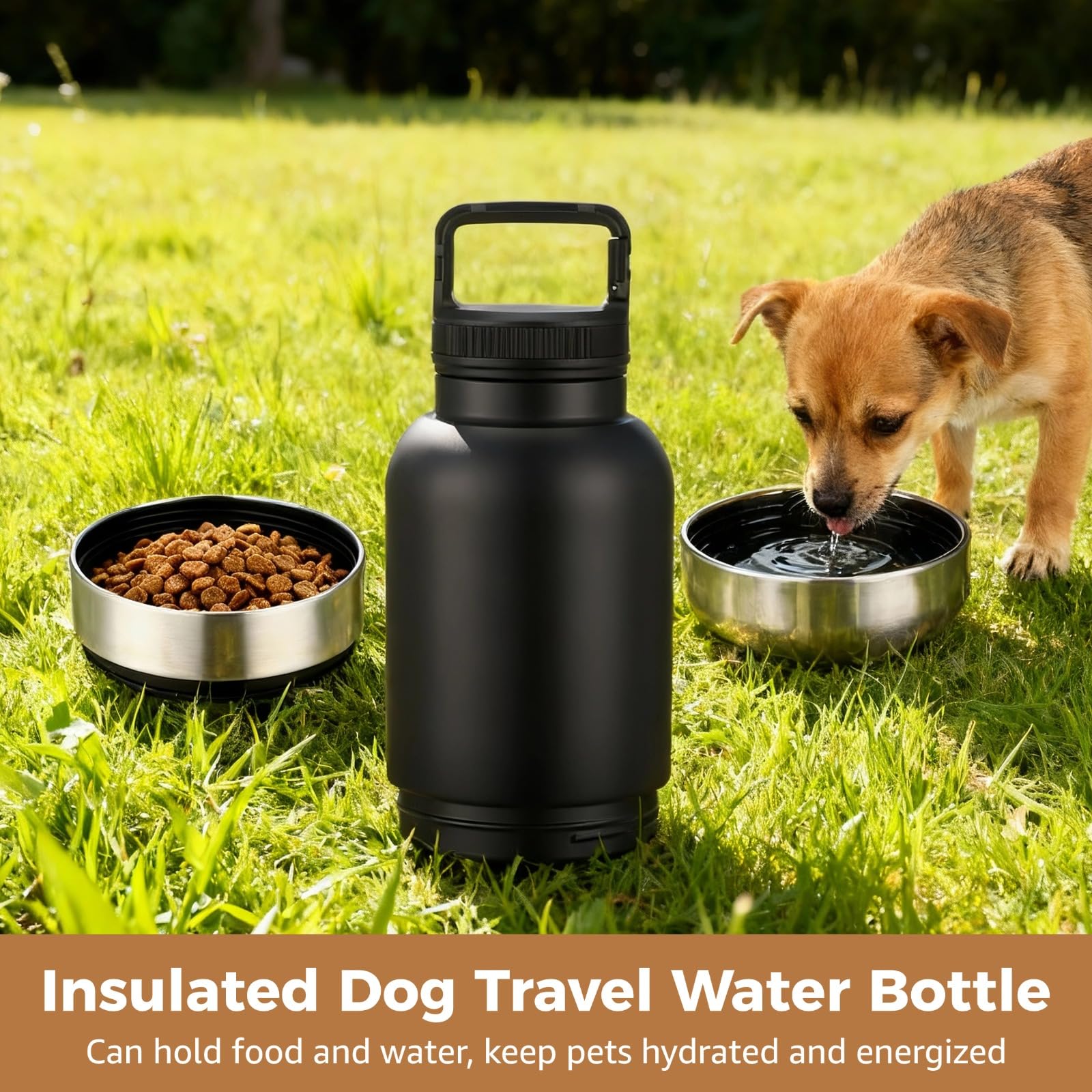 Borraccia termica per cani, 3 in 1, 1000 ml, in acciaio inox, con 2 ciotole staccabili, ciotola portatile per acqua e cibo, per passeggiate ed escursioni all'aperto