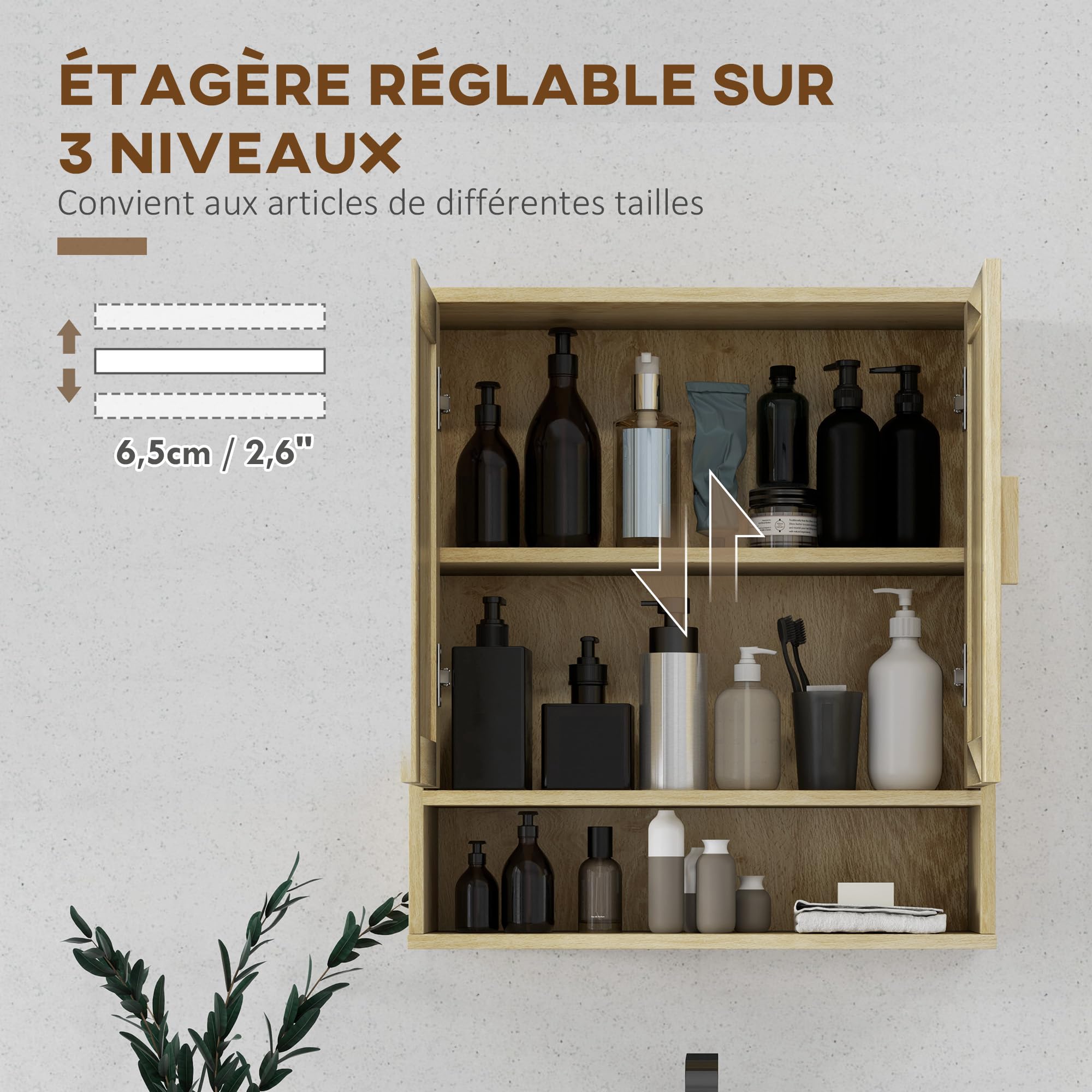 HOMCOM Meuble Mural Salle de Bain 59 x 20 x 66,5 cm Effet Bois de Chêne | Meuble WC Suspendu, Étagère Réglable, Double Porte, Étagère Ouverte