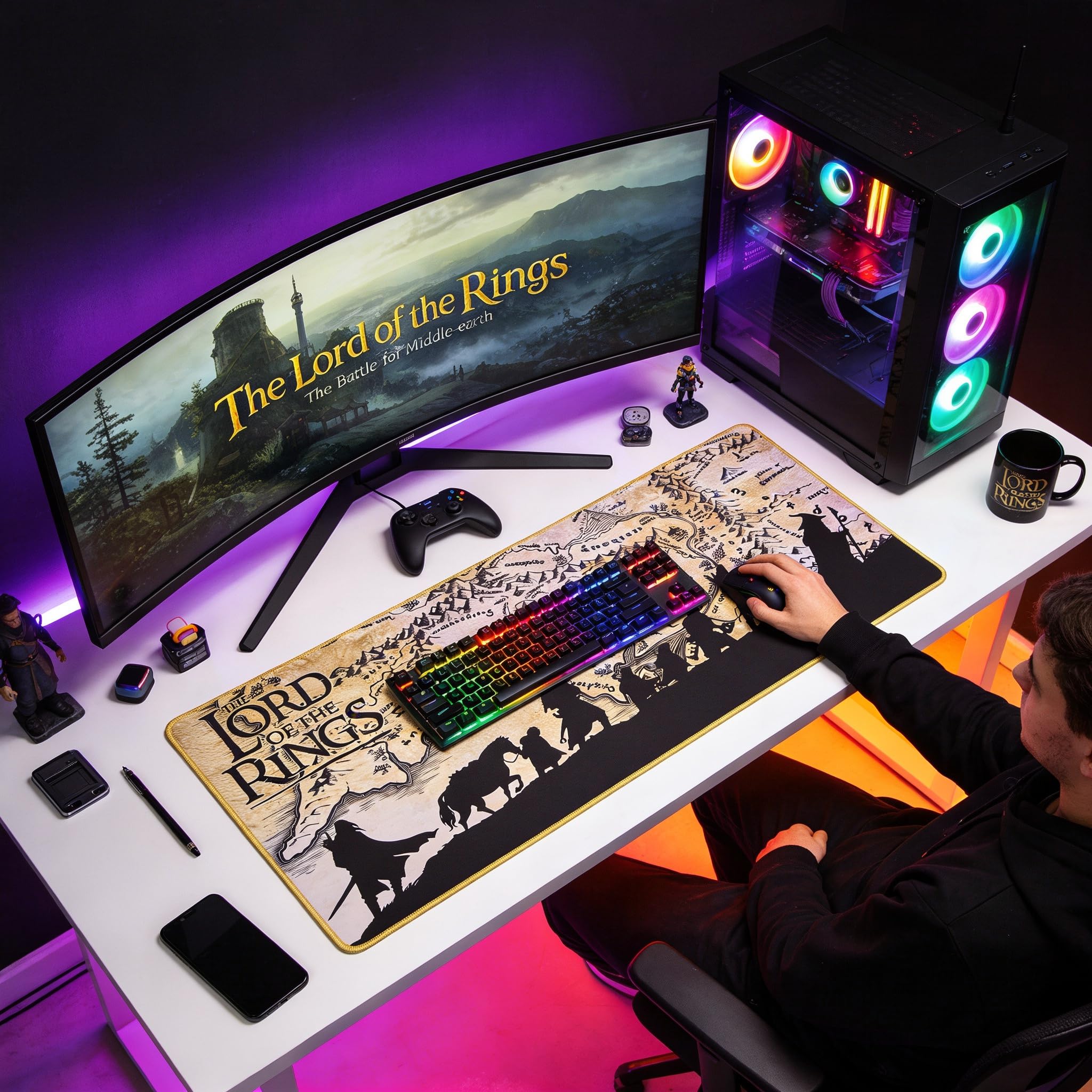 Subsonic - Tapis de Souris XXL LOTR - Tapis de Bureau 90x40 cm - sous Main Surface Lisse Optimisée pour Capteurs Souris, Base Antidérapante, Bords Cousus