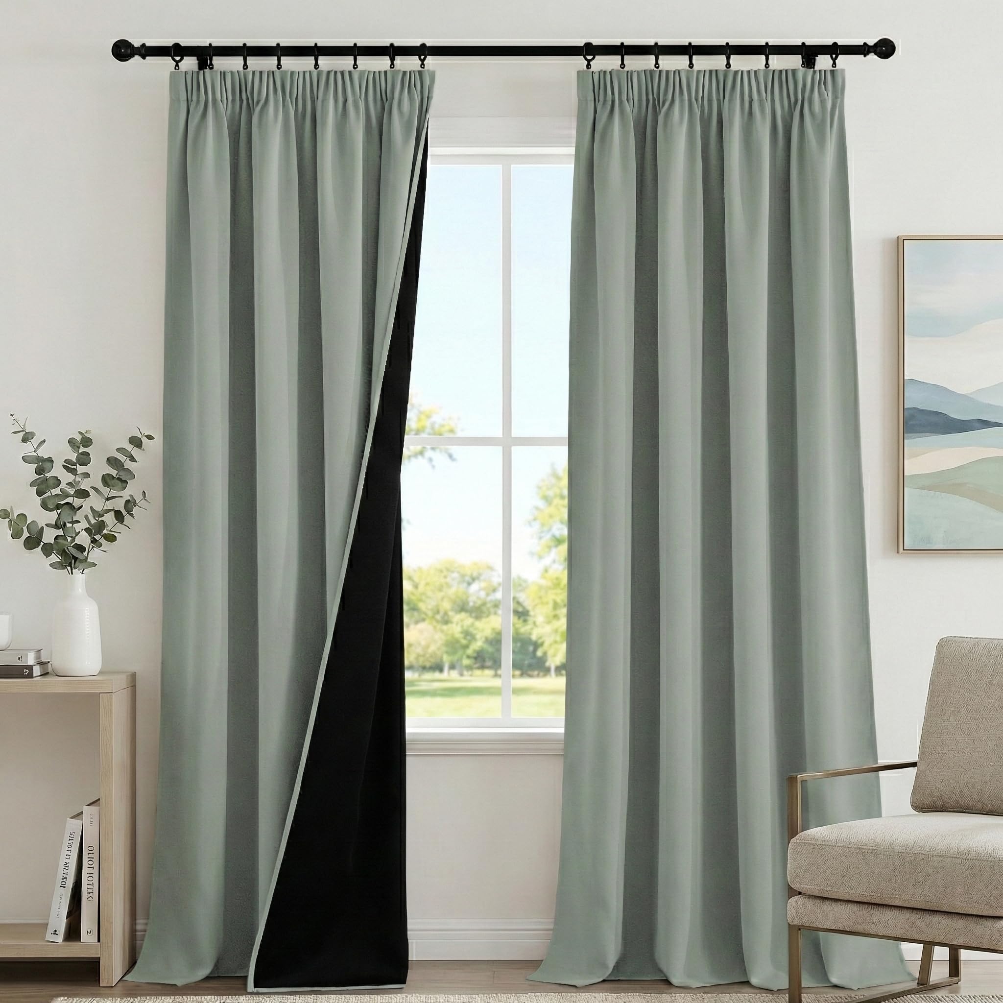 PONY DANCE 100% Blackout Curtains 90 Inch Long for Bedroom, Rod Pocket Thermal Insulated Curtains, Pencil Pleat Drapes with Black Liner for Living Room, 52 x 90 Inch, Sage Green, 2 Panels — image 1