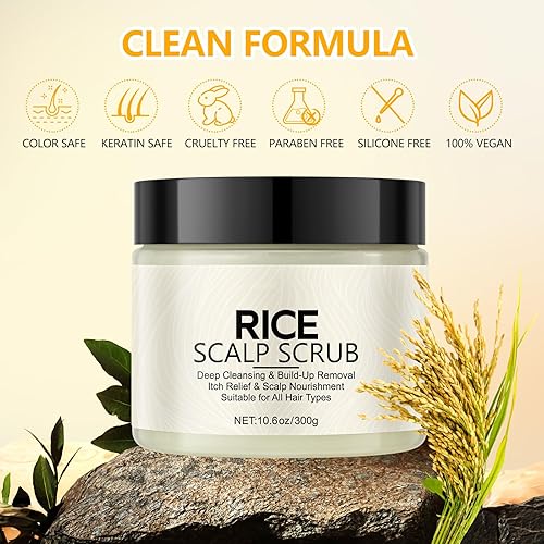 Miniatura 6 de Exfoliante de cuero cabelludo con extracto de arroz y ácido hialurónico, champú exfoliante 2 en 1 para tratamiento capilar, incluye masajeador de