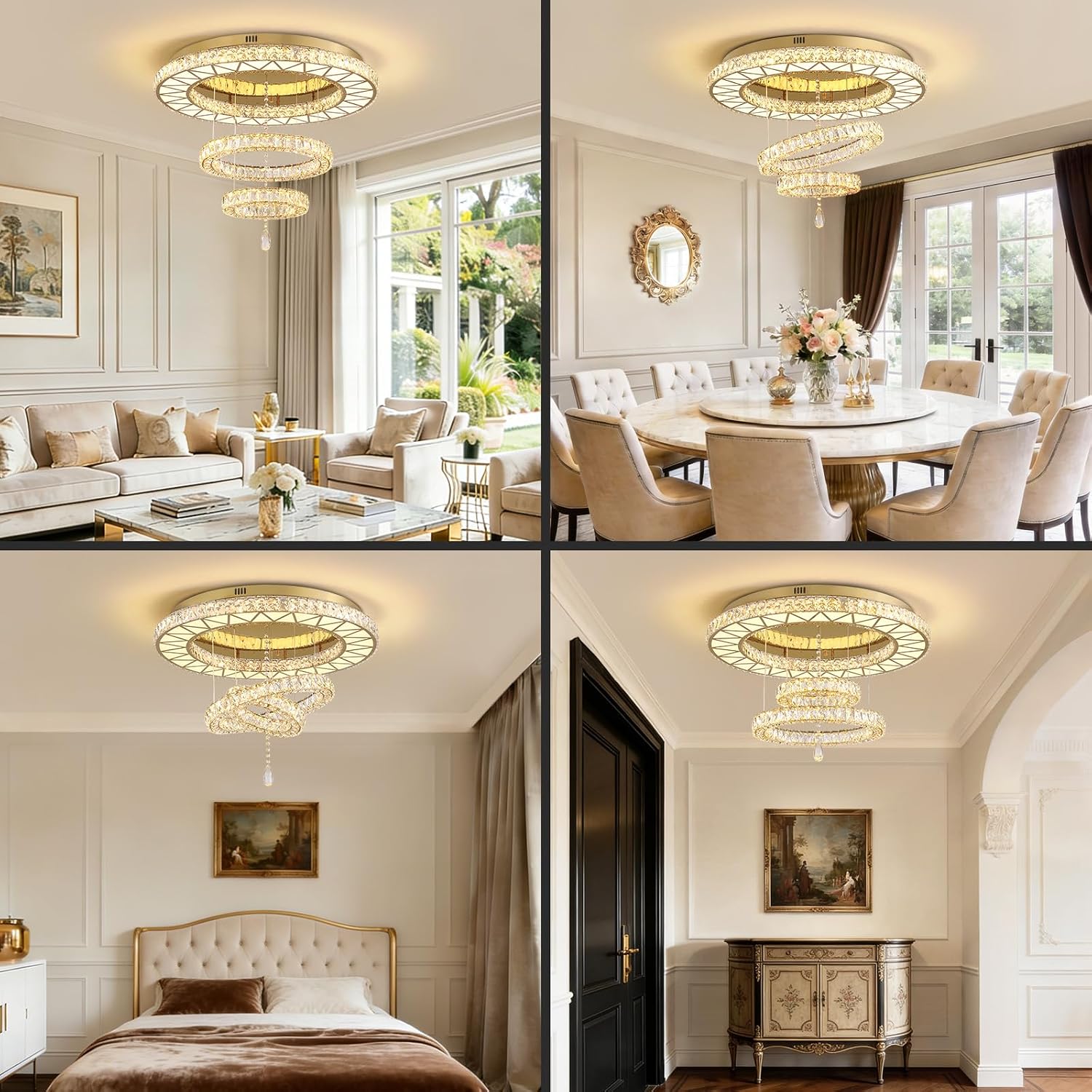 Siljoy 32" Gold Crystal Chandeliers, 3 Rings LED Flush Mount Ceiling Light, Dimmable Foyer Chandeliers for Living Room Dining Room Staircase, D12-18-32"