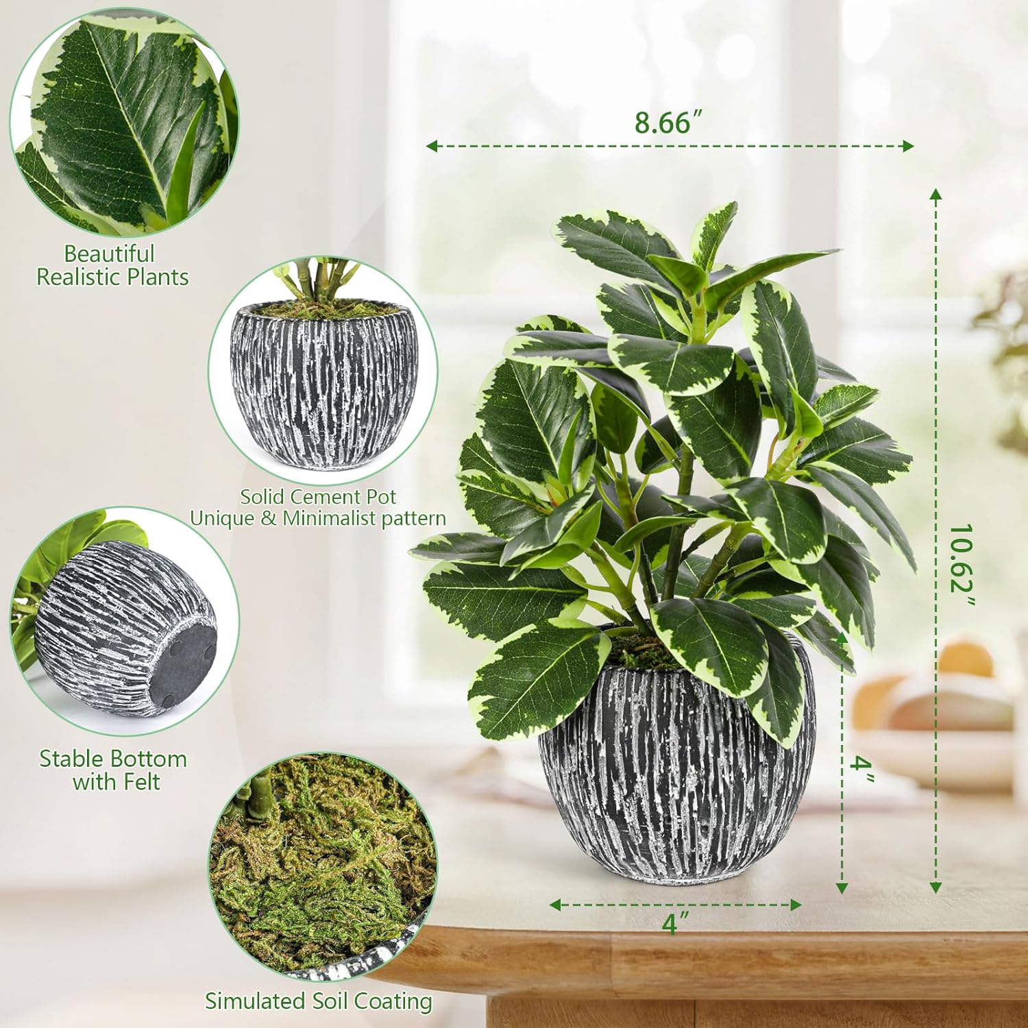 Artificial Plants Indoor Outdoor, Faux Variegated Oak Leaf Plant, Fake Potted Plants Artificial Decor for Coffee Table Desk Shelf, Faux Plants Indoor for Living Room Bathroom Bedroom Entryway Office