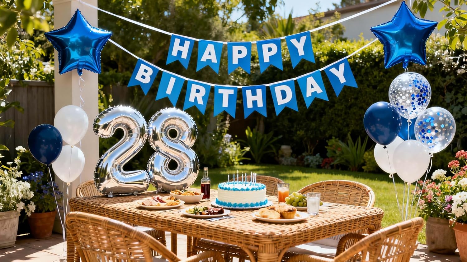 28th Birthday Party Decoration Blue for Him, Happy Birthday Banner Blue Number 28 Birthday Star Foil Balloons Latex Confetti Balloons for Men Him 28 Years Old Birthday Supplies(28th) - Image 2