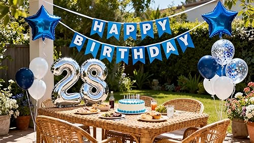 Miniatura 2 de Decoración de Fiesta de Cumpleaños 28 Azul para Él, Pancarta de Feliz Cumpleaños Azul Globos de Papel de Aluminio con Estrella y Número 28 de