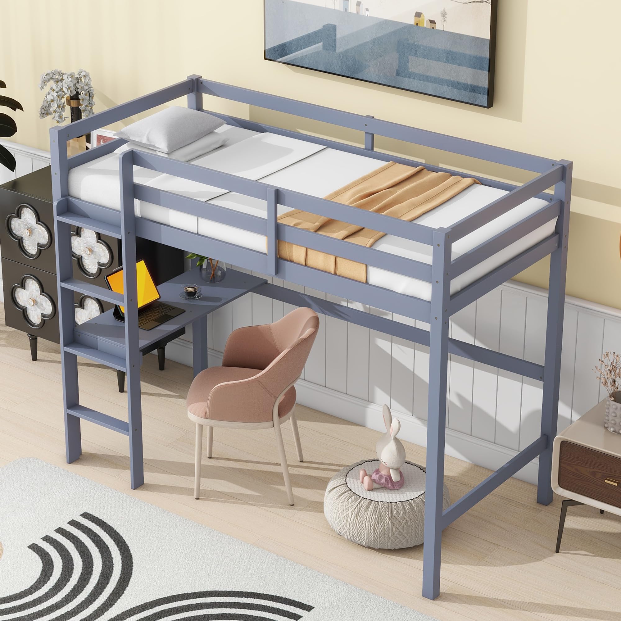 ANDORON Twin High Loft Bed, Kids Solid Wood Modern Loft Bed Frame with Built-in Desk and Ladder for Girls Boys, Noise-Free,Non-Toxic Finishes,
