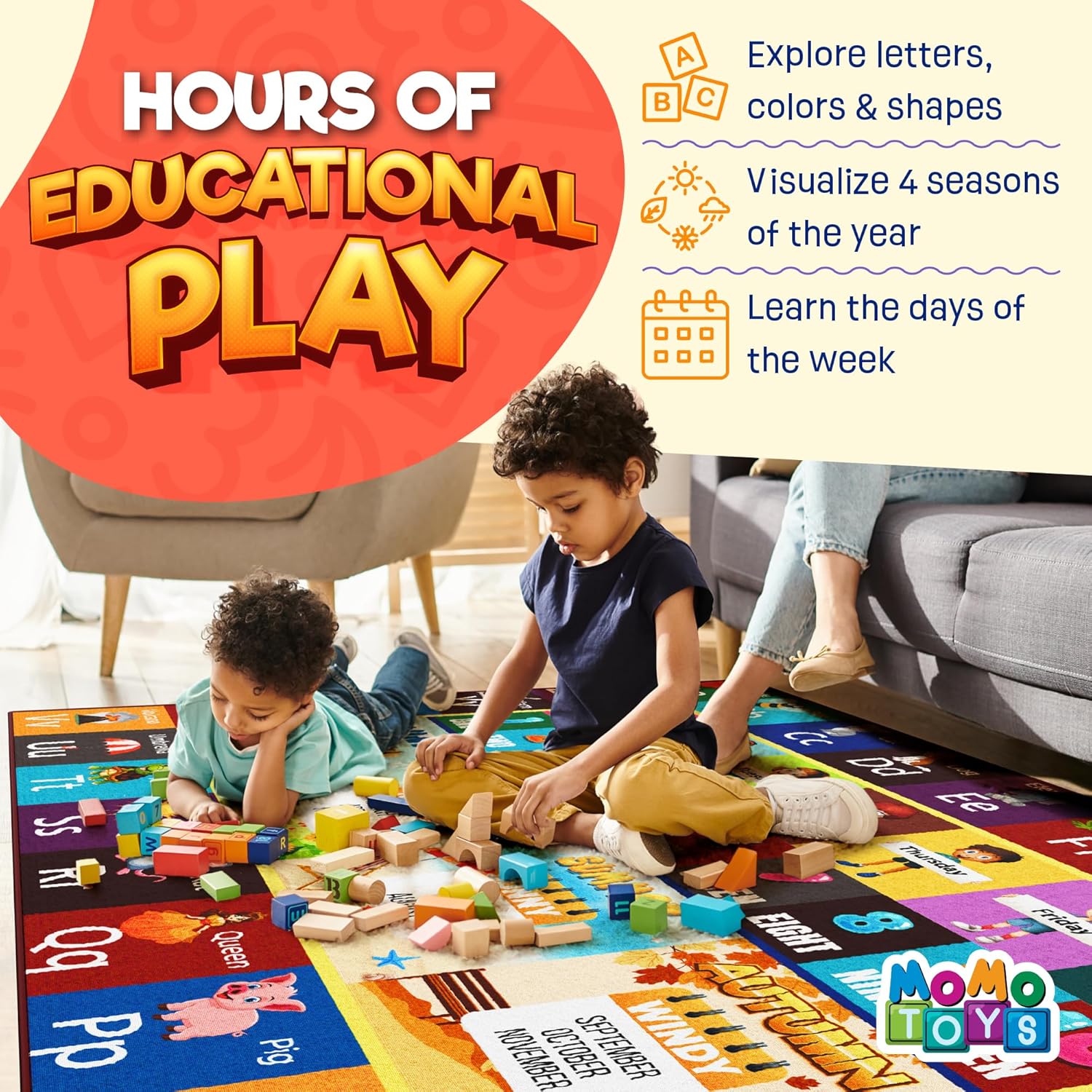 Educational Rug – Non-Slip ABC Carpet for Kids Room – 55" x 39" Soft Alphabet Kids Rug for Playroom, Daycare, Preschool, Classroom, Play Mat – Childrens ABC Mat with Letters Numbers Animals Months