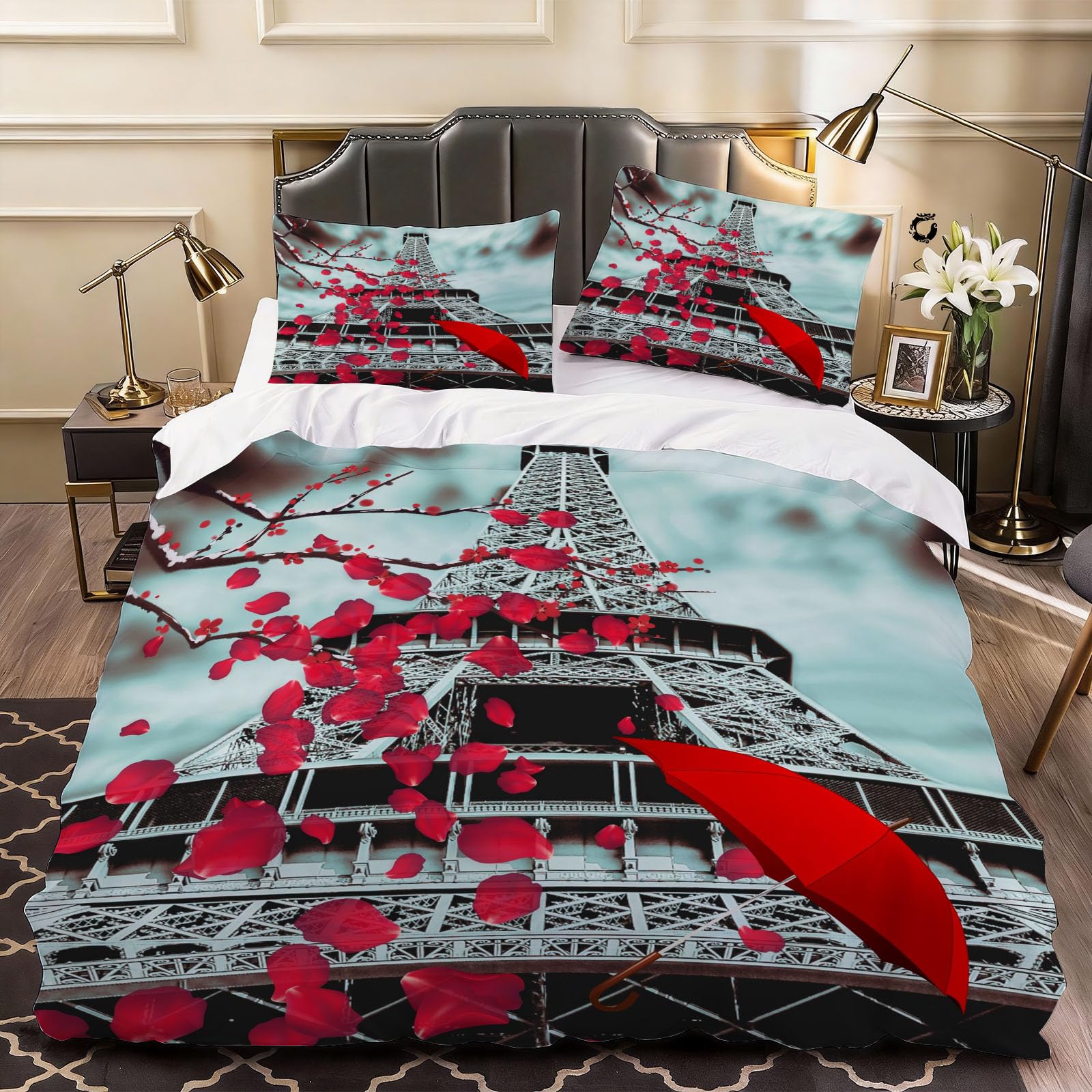 3D Eiffel Tower Duvet Cover Love Pattern Romantic Bedding Bed Set king Size, Soft Microfiber Comforter Cover Printed with Zipper Closure Quilt Coverr 230x220 cm and 2 Pillowcases