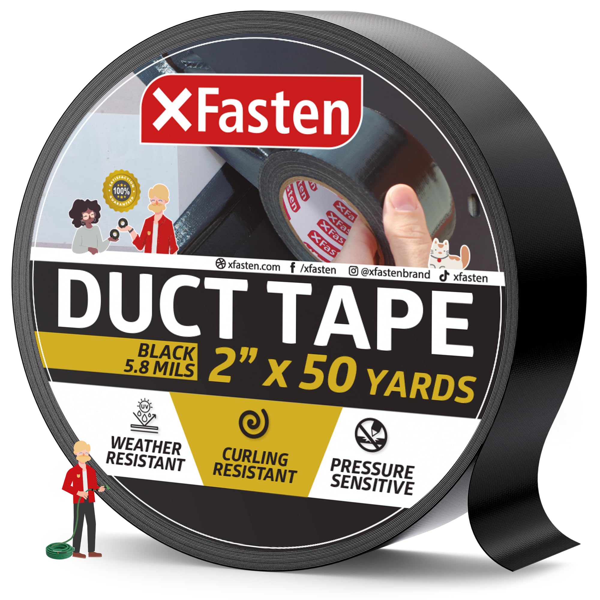 XFasten Duct Tape Black, 2 Inches x 50 Yards All-Weather Duct Repair Tape for Commercial Use, Heavy-Duty Repair, Packing | High Tensile Strength and Shear Stress Resistance | Cold and Snow Resistant