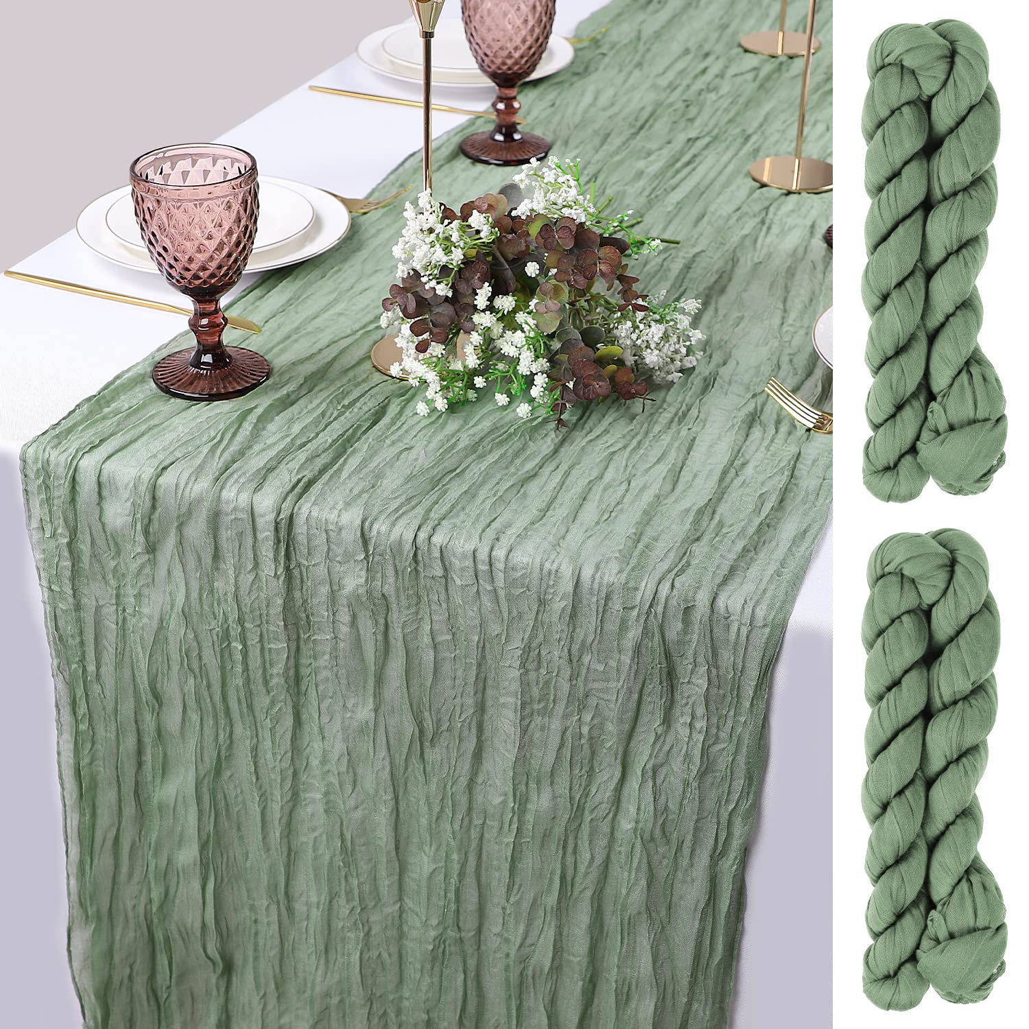 Photo 1 of 2PCS Sage Green Cheesecloth Table Runner 13.3ft Long Gauze Table Runner Rustic Wedding Cheese Cloths Decor for Wedding Bridal Baby Shower Birthday Party Wedding Decorations Boho Table Runner Sage Green 2 Pcs 35" x 13.3Ft