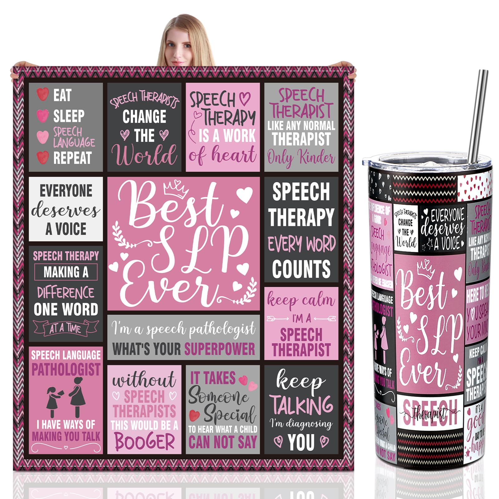 Geiserailie 2 Pcs Christmas Speech Gift for Women Men Slp Gifts for Speech Language Pathologist Throw Blanket Throw 20 oz Tumbler Slp Christmas