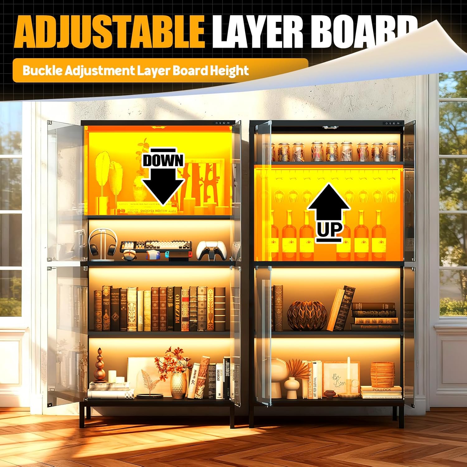 Glass Display Cabinet,4-Tier Adjustable Display Shelf,Led Dimmable 5 Color Lego Display Case,for Cloakrooms,Living Rooms,E-Sports Rooms,Kitchens,Black