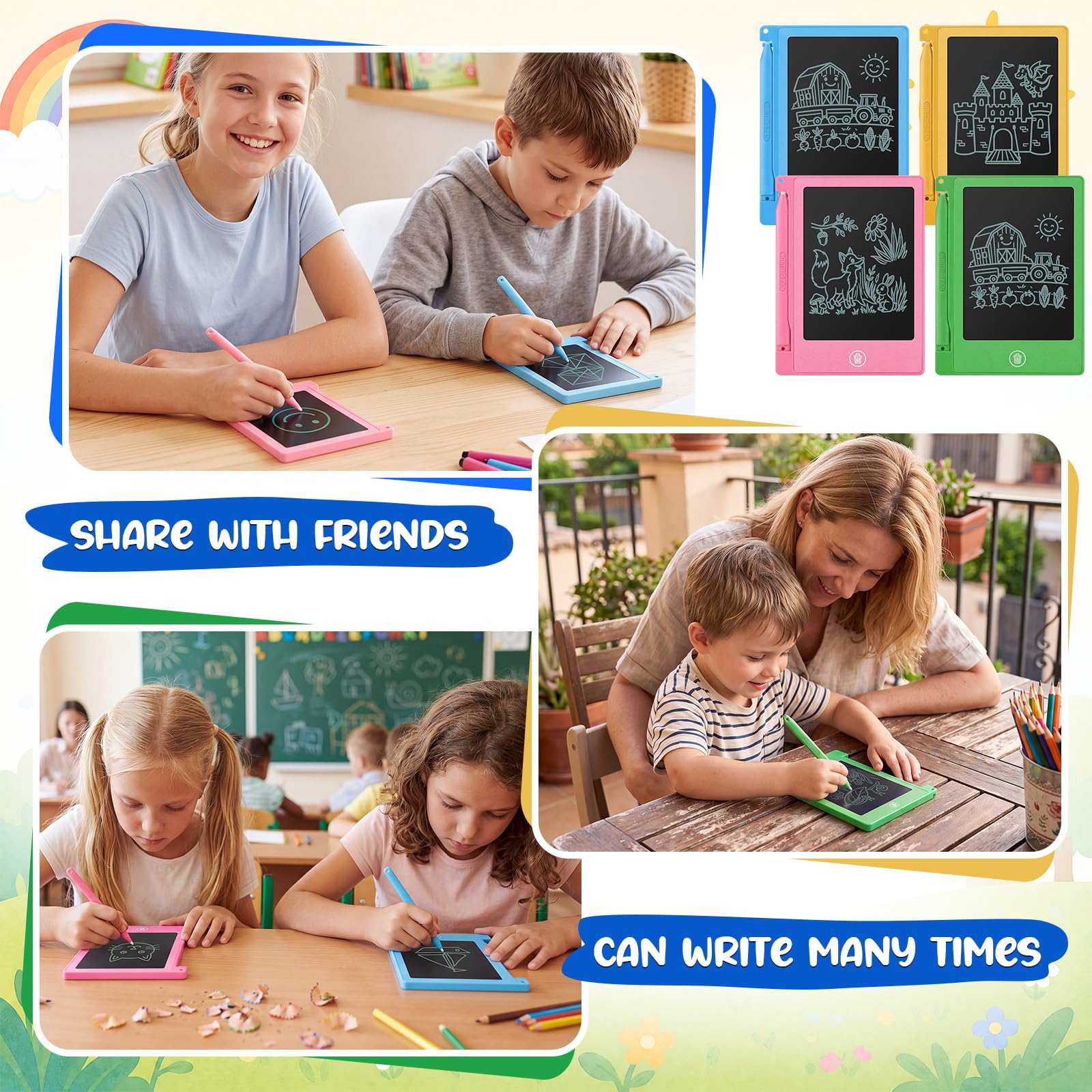 Nezyo 16 mini tabletas de escritura LCD de 4.5 pulgadas para niños, tablero electrónico de garabatos, tableta de dibujo colorida, bloc de escritura borrable a granel, reutilizable, regalo de